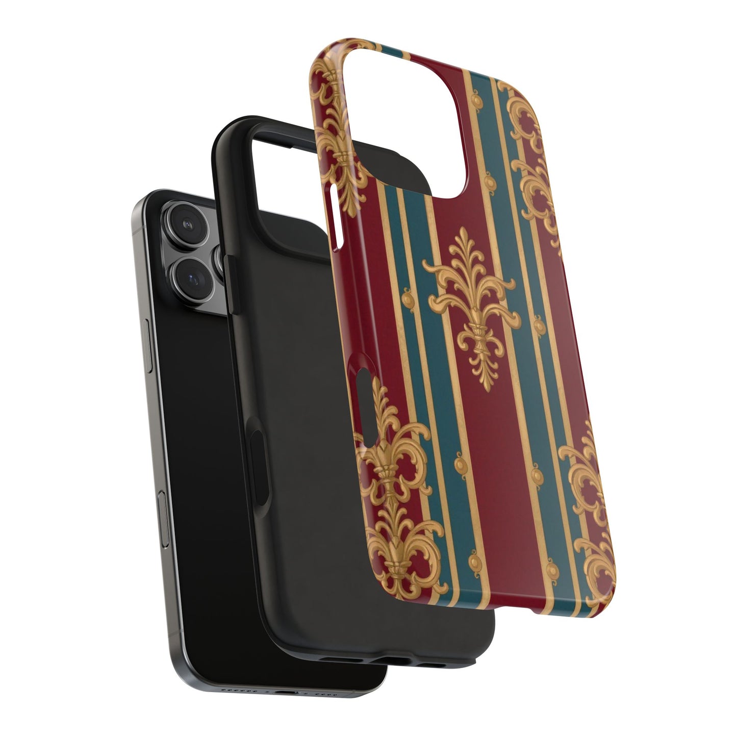 Elegant Vintage Tough Phone Case, Luxury Phone Protection, Stylish Phone Cover, Durable Phone Accessory - Burgundy Striped Gold Baroque