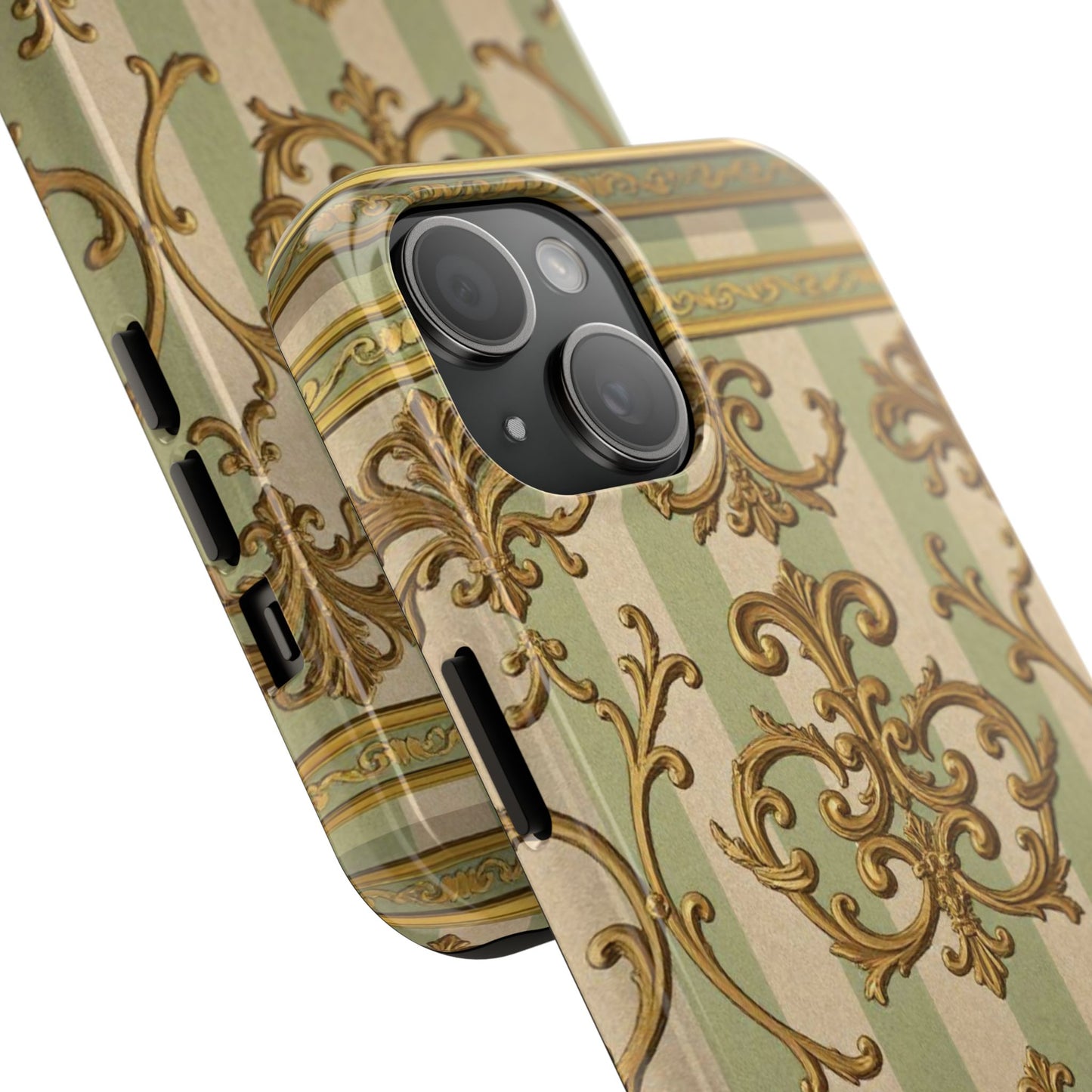 Vintage Elegance Phone Case, Tough Phone Cases for Style, Gift for Birthdays, Stylish Protection - Mint Green & Beige Striped Gold Baroque