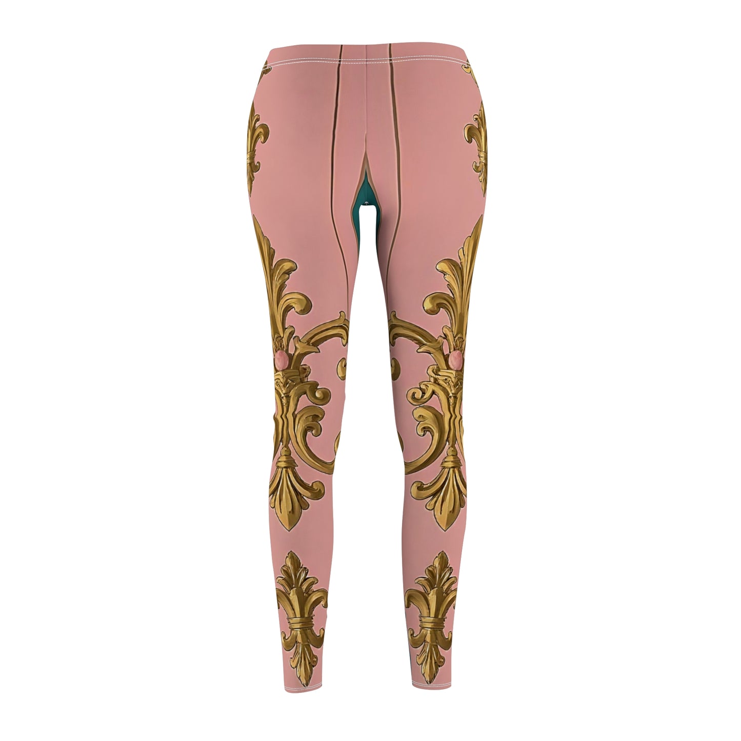 Elegant Floral Leggings, Stylish Activewear, Casual Outfits, Comfortable Yoga Pants - Pink & Teal Striped Gold Baroque