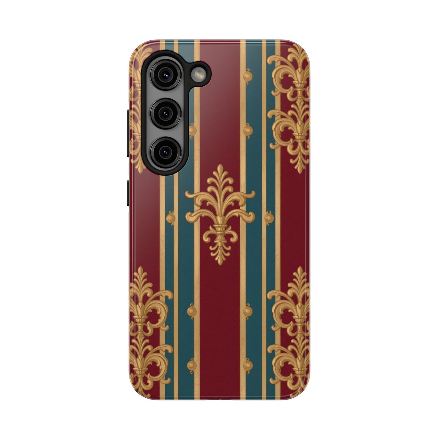 Elegant Vintage Tough Phone Case, Luxury Phone Protection, Stylish Phone Cover, Durable Phone Accessory - Burgundy Striped Gold Baroque