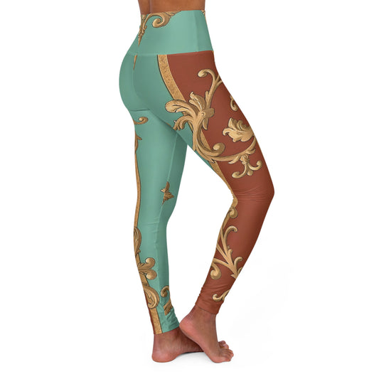Elegant High Waisted Yoga Leggings with Baroque Design - Perfect for Fitness & Fashion - Rust & Mint Aqua Striped Baroque