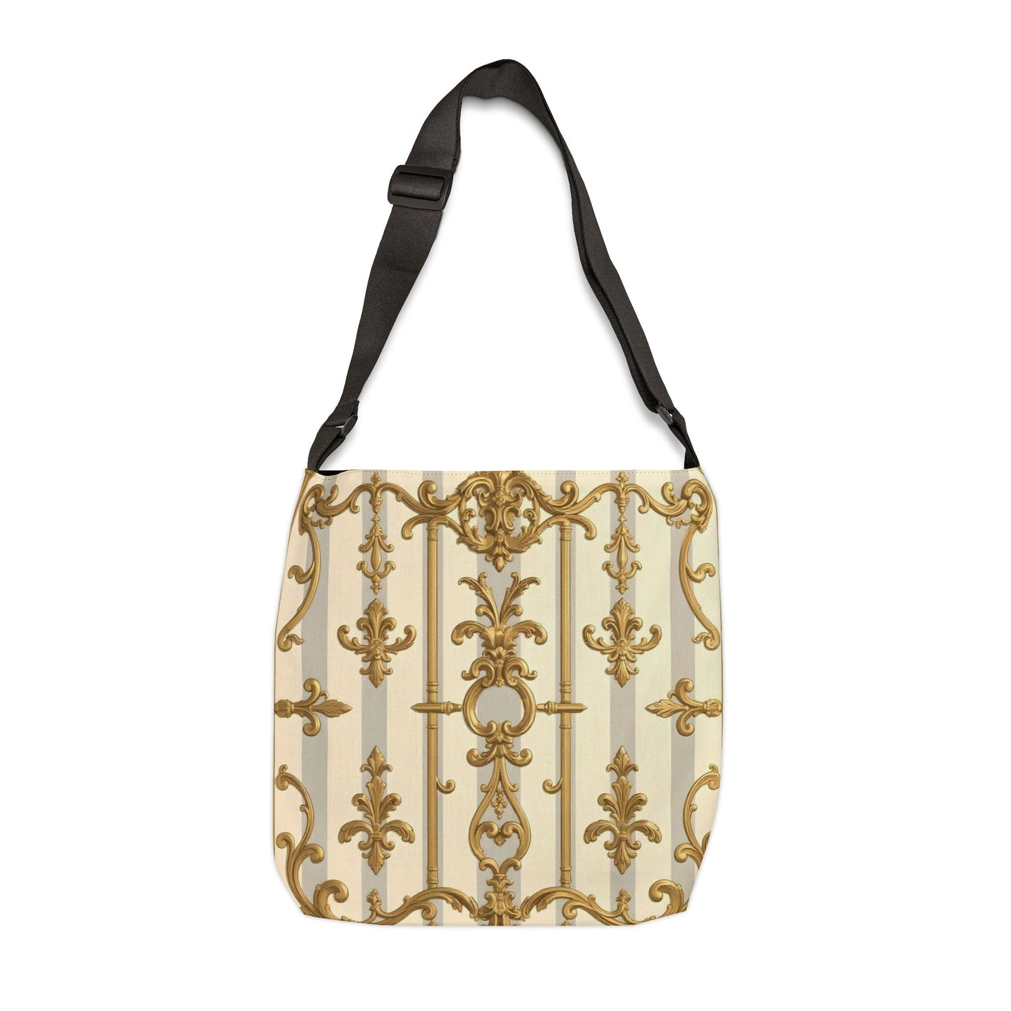 Elegant Gold Pattern Adjustable Tote Bag, Fashion Handbag, Travel Tote, Gift for Her, Everyday Use - Matte Gray & Cream Striped Gold Baroque