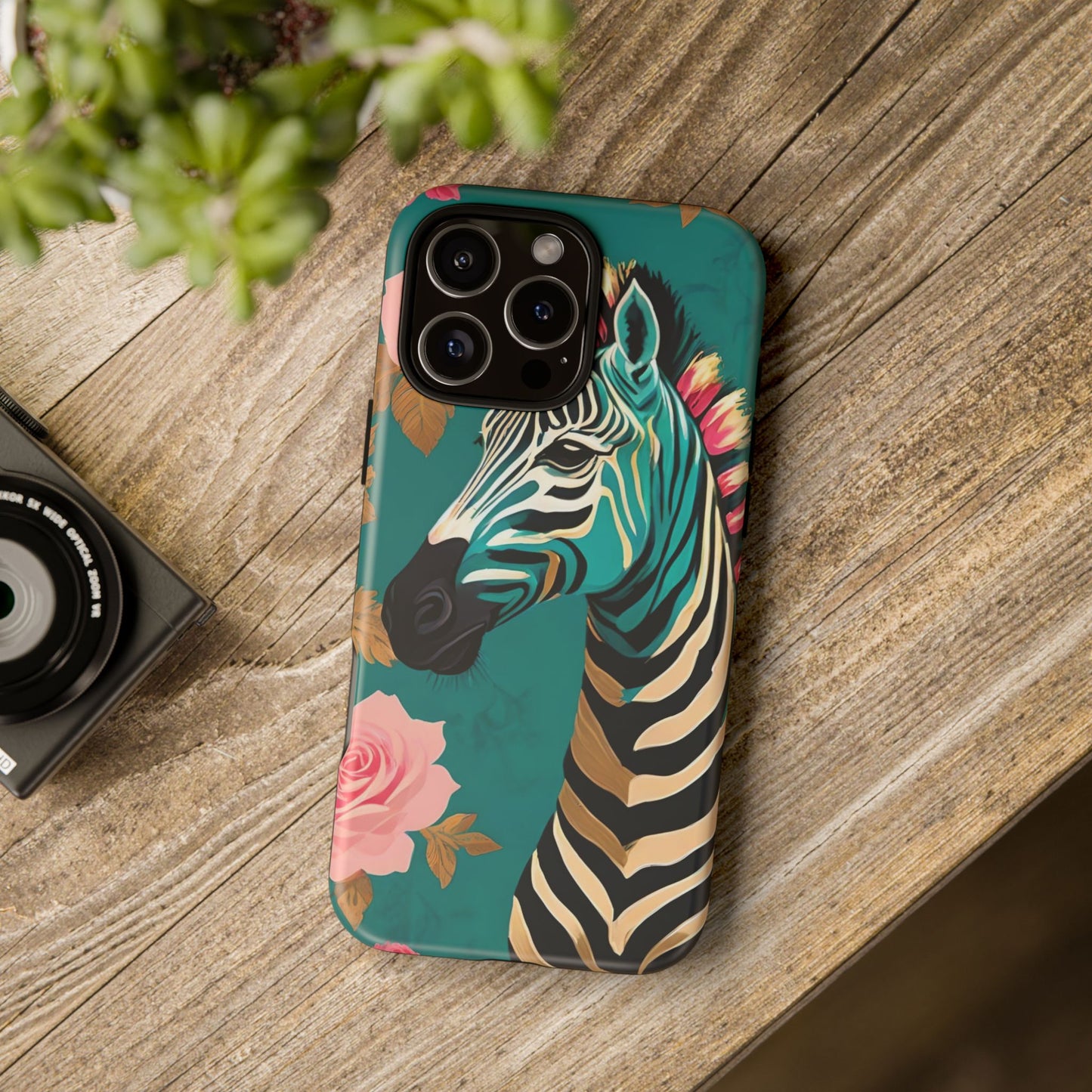 Phone Case - Elegant Teal & Gold Zebra & Roses Design