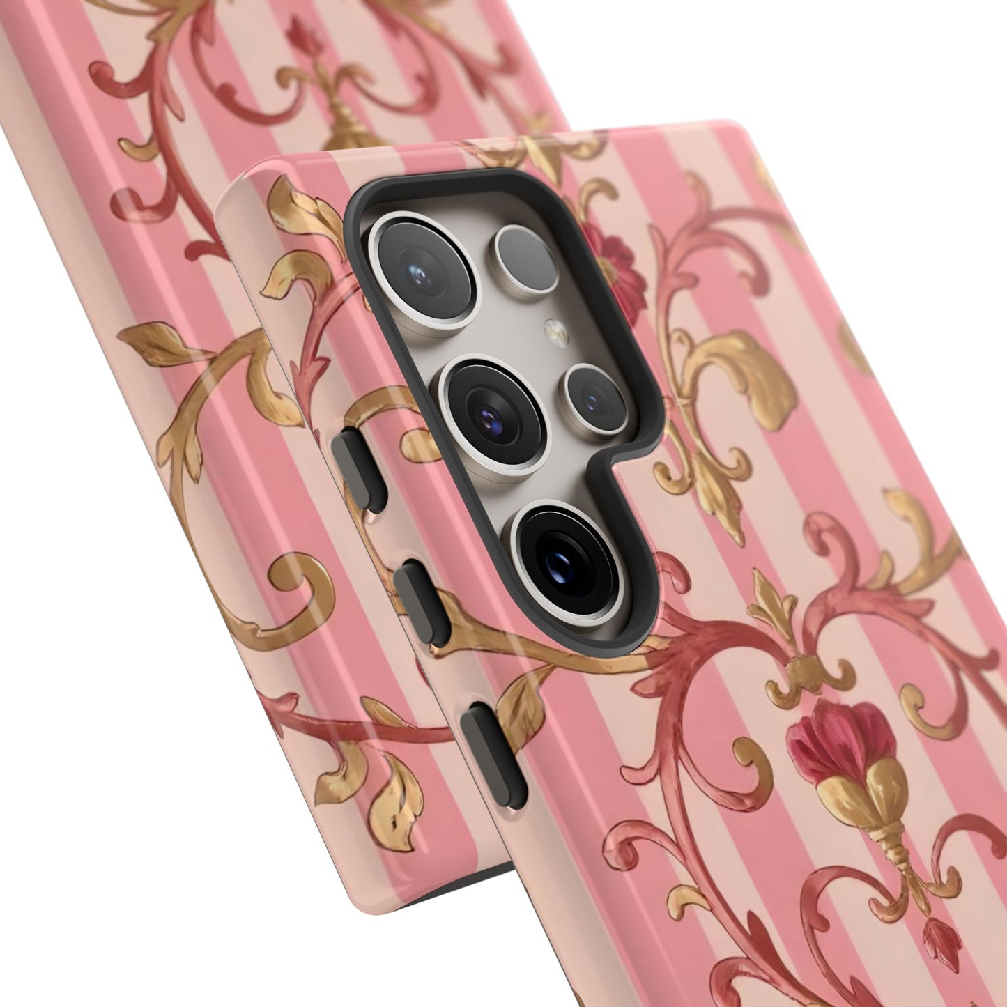 Elegant Floral Motif Phone Case - Tough Cases with Vintage Design - Pink Striped Rose Gold Damask