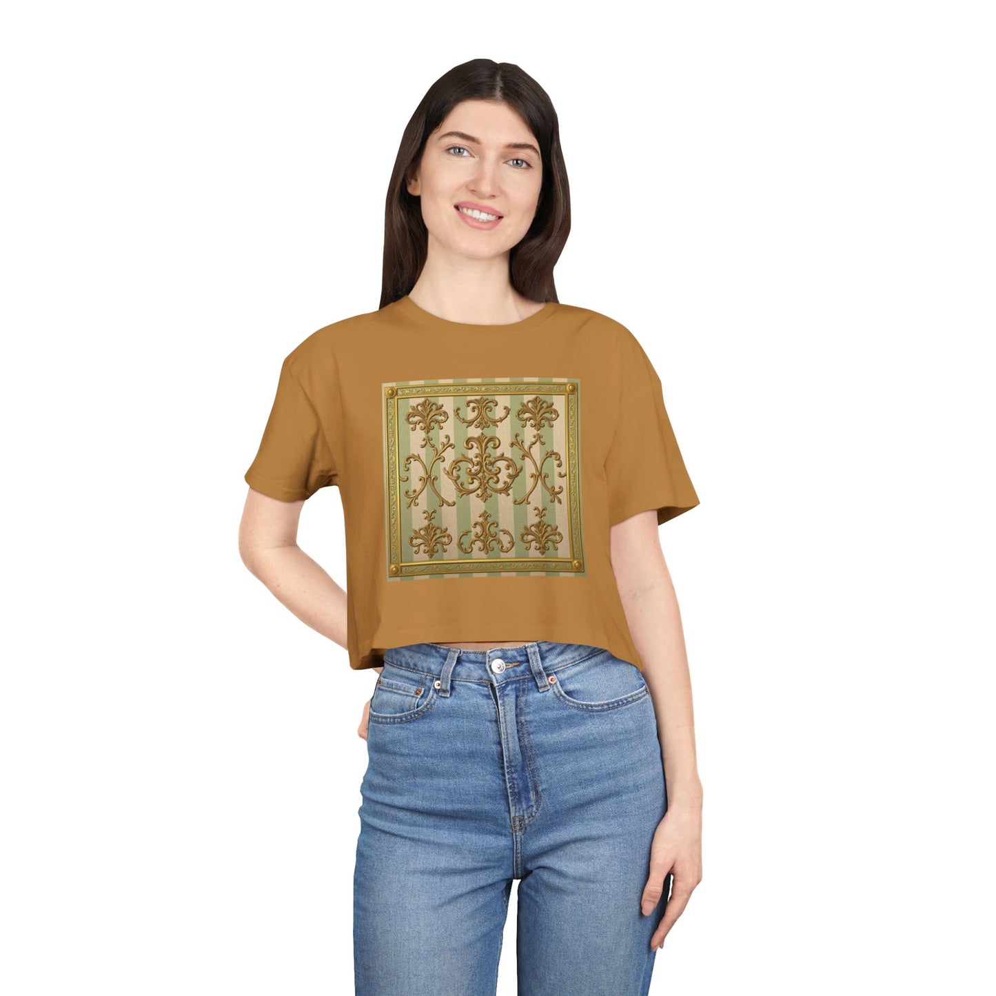 Stylish Women's Crop Tee with Elegant Print, Summer Fashion Top, Casual Chic Shirt, Gift for Her, Trendy Outfit - Mint & Beige Striped Gold Baroque