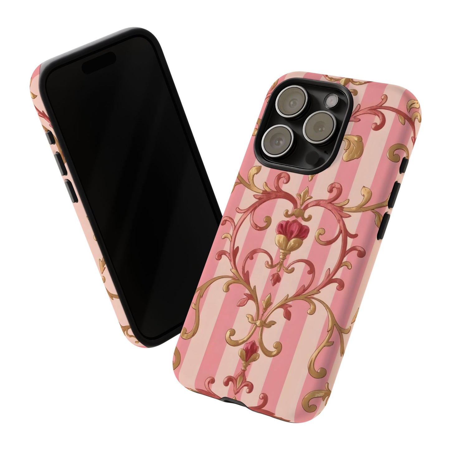 Elegant Floral Motif Phone Case - Tough Cases with Vintage Design - Pink Striped Rose Gold Damask
