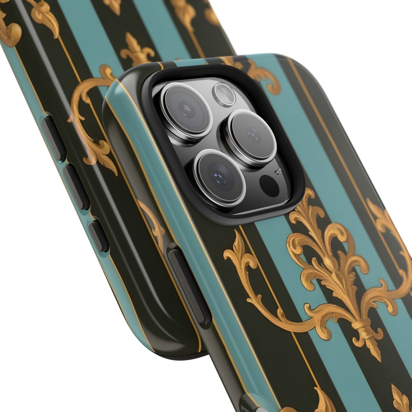Elegant Baroque Tough Phone Case, Stylish Phone Cover, Durable iPhone Case, Unique Gift - Black & Turquoise Striped Baroque