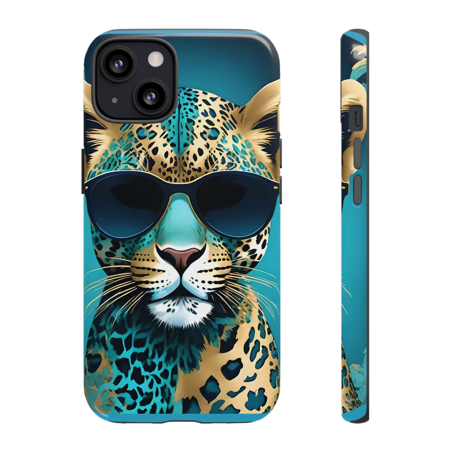 Phone Case - Aqua & Gold Leopard In Sunglasses Design