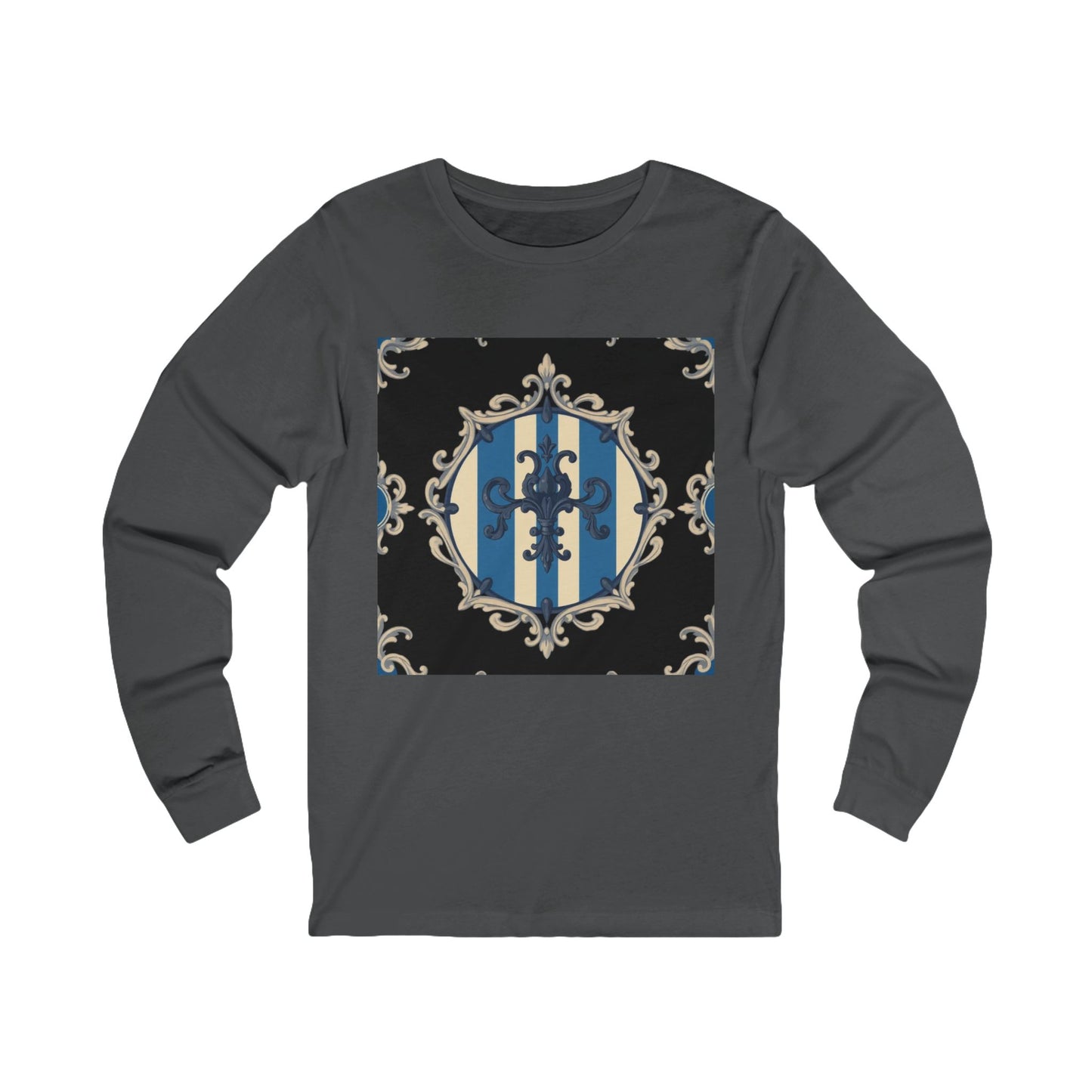 Elegant Blue & Alabaster Striped Baroque Long Sleeve Tee | Unisex Stylish Top for Casual Wear, Gift for Her, Him, Birthday, Fashion Statement