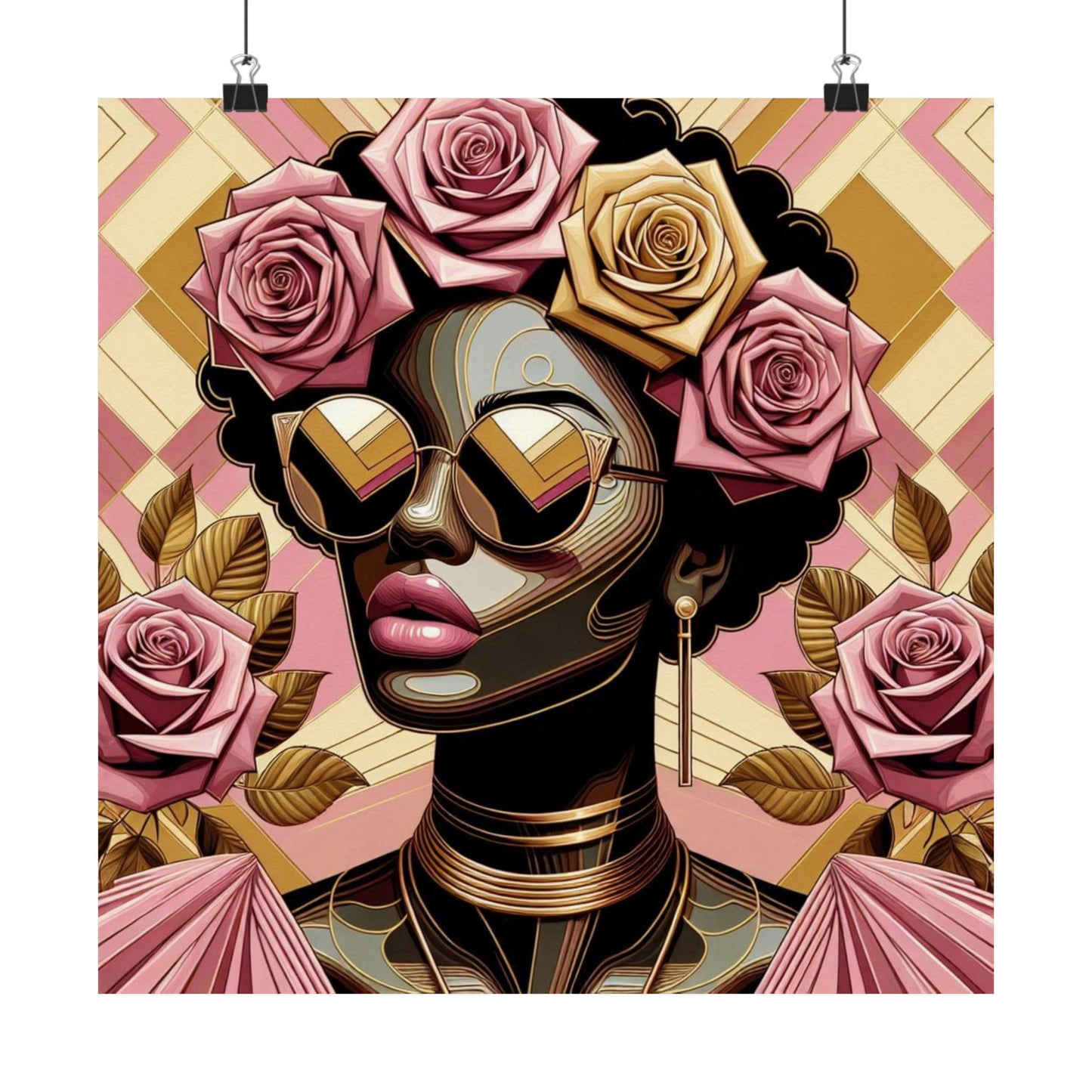Elegant Satin Poster | Black Woman Art Print | Floral Decor | Modern Wall Art | Home Decor | Gift for Her | Pink Roses Lady