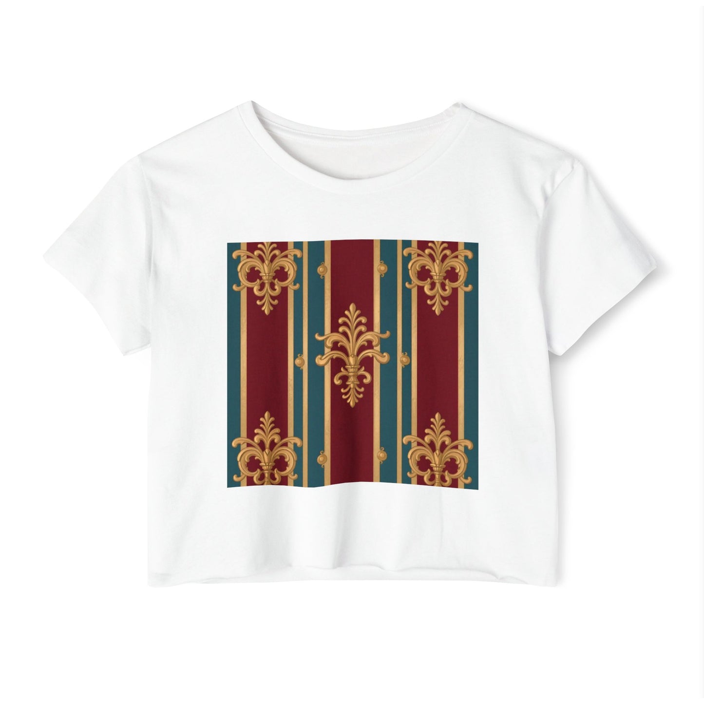 Baroque Chic Festival Crop Top | Women’s Floral Summer Tee, Outdoor Concert Wear, Vacation Top - Burgundy Striped Gold Baroque