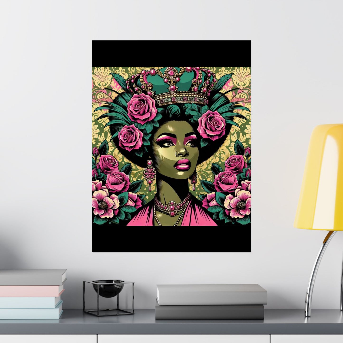 Floral Afro Art Poster - Elegant Matte Vertical Wall Decor - Olive Green Lady & Damask