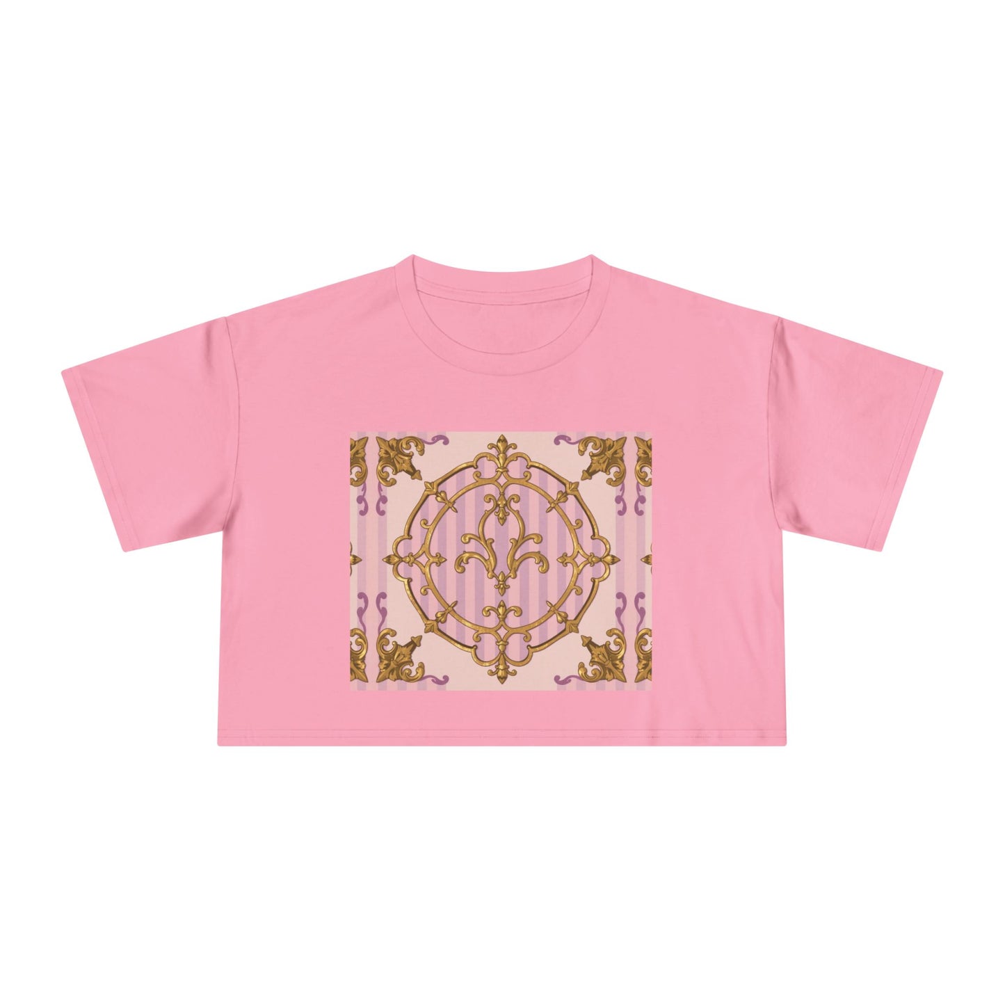 Chic Women's Crop Tee with Elegant Lavender & Alabaster Striped Gold Baroque Print - Perfect for Fashionistas, Festivals, Gifts, Summer Wear