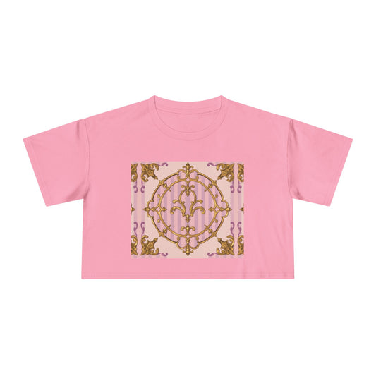 Chic Women's Crop Tee with Elegant Lavender & Alabaster Striped Gold Baroque Print - Perfect for Fashionistas, Festivals, Gifts, Summer Wear