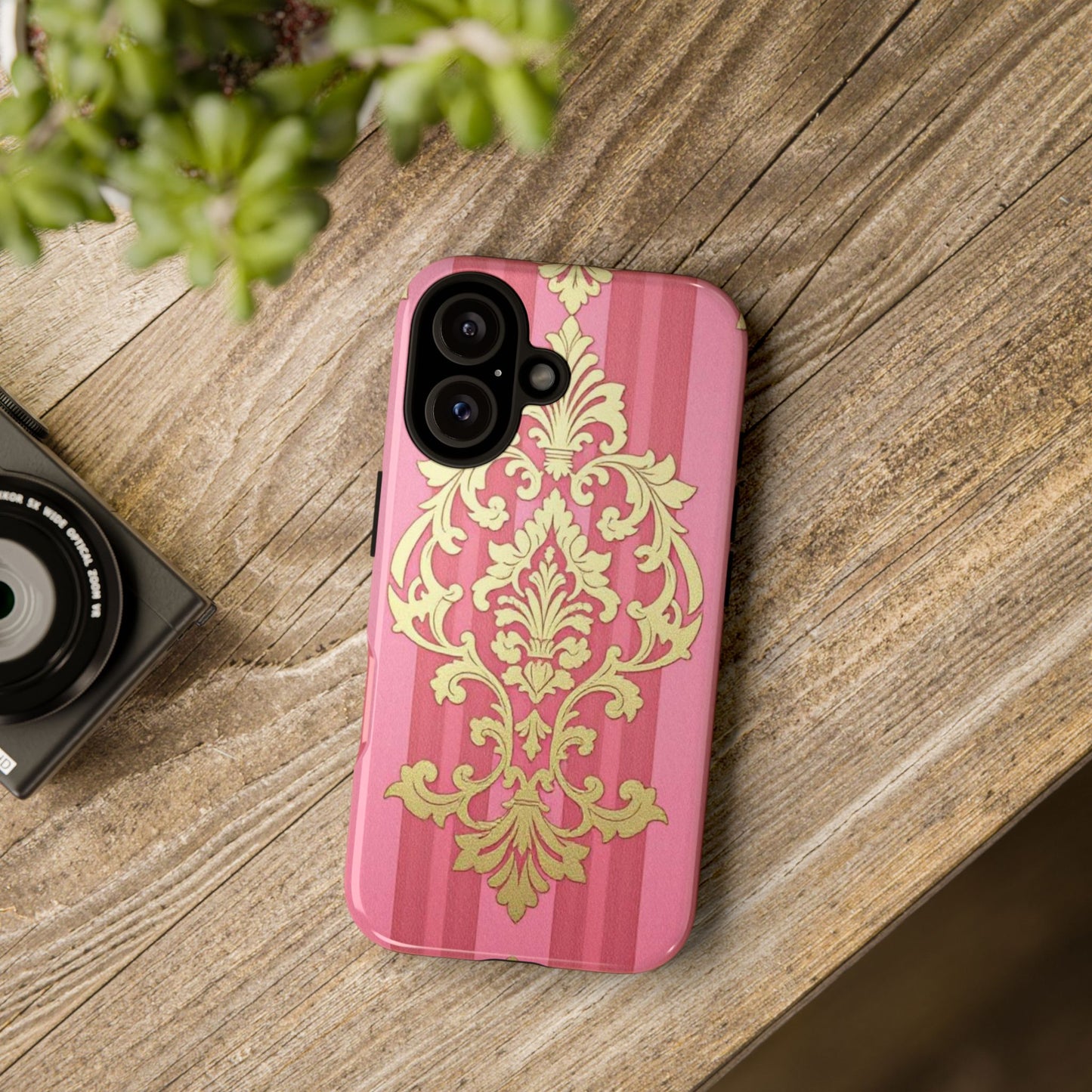 Elegant Floral Motif Phone Case - Tough Cases with Vintage Design - Pink Striped Damask