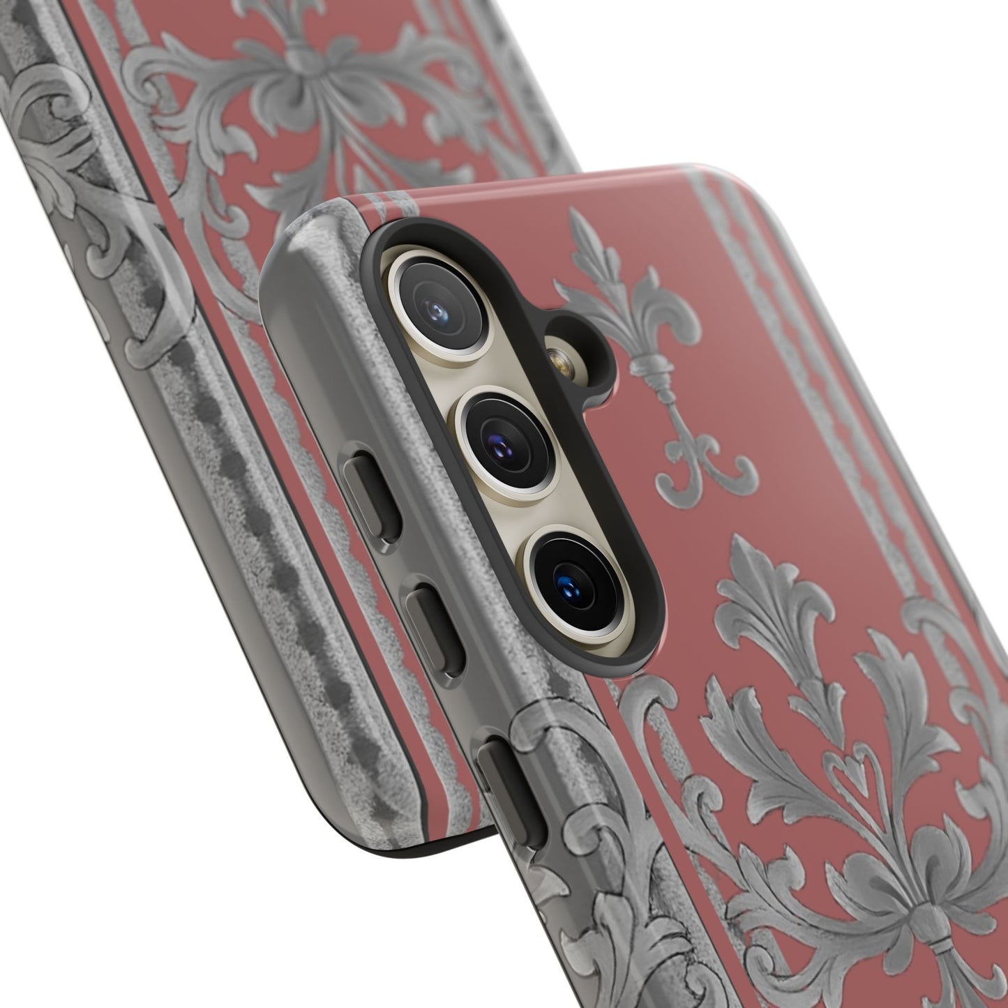 Elegant Floral Phone Case - Tough Cases for Stylish Protection - Gray & Mauve Striped Baroque