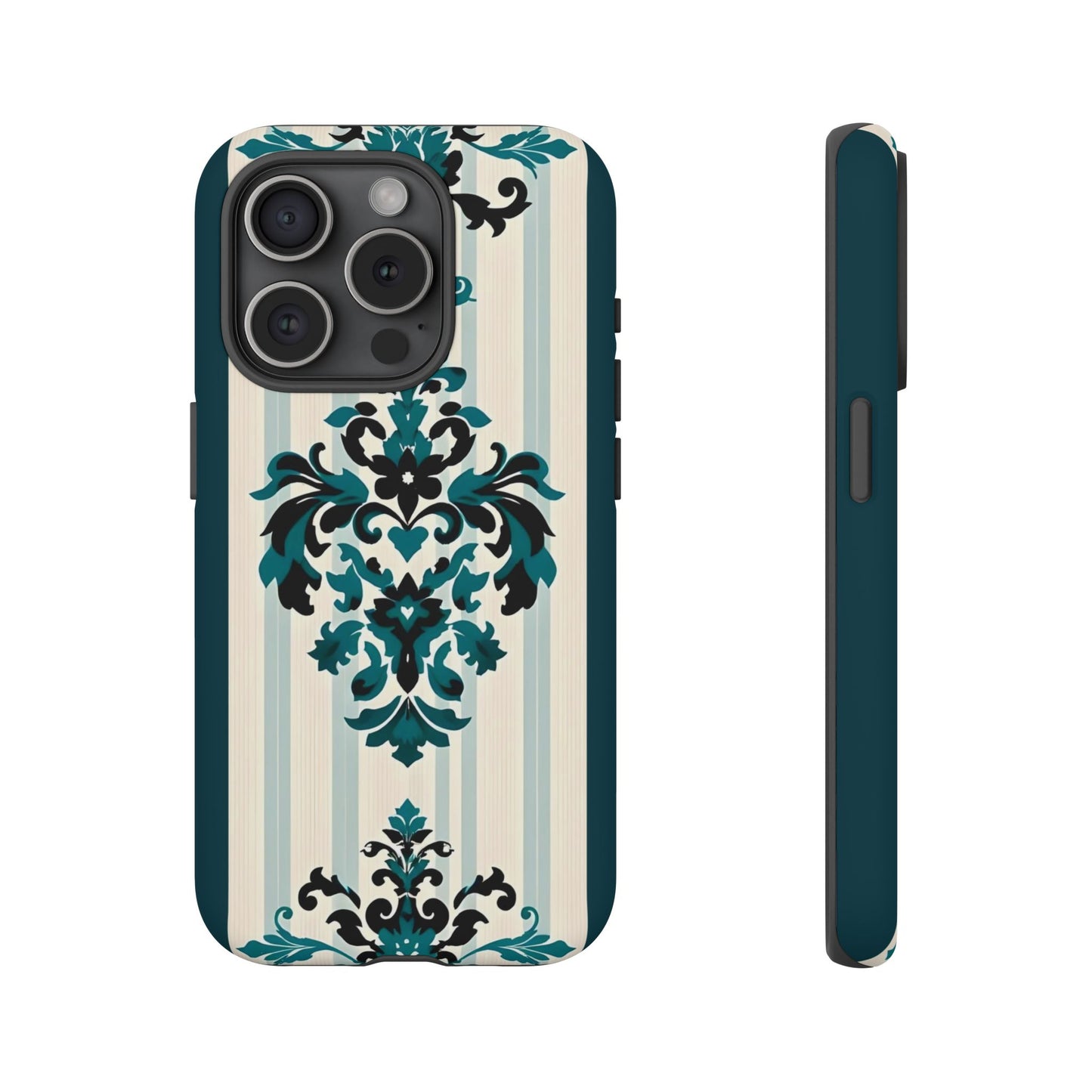 Elegant Floral Phone Case - Tough Cases with Vintage Design - Teal Striped Damask
