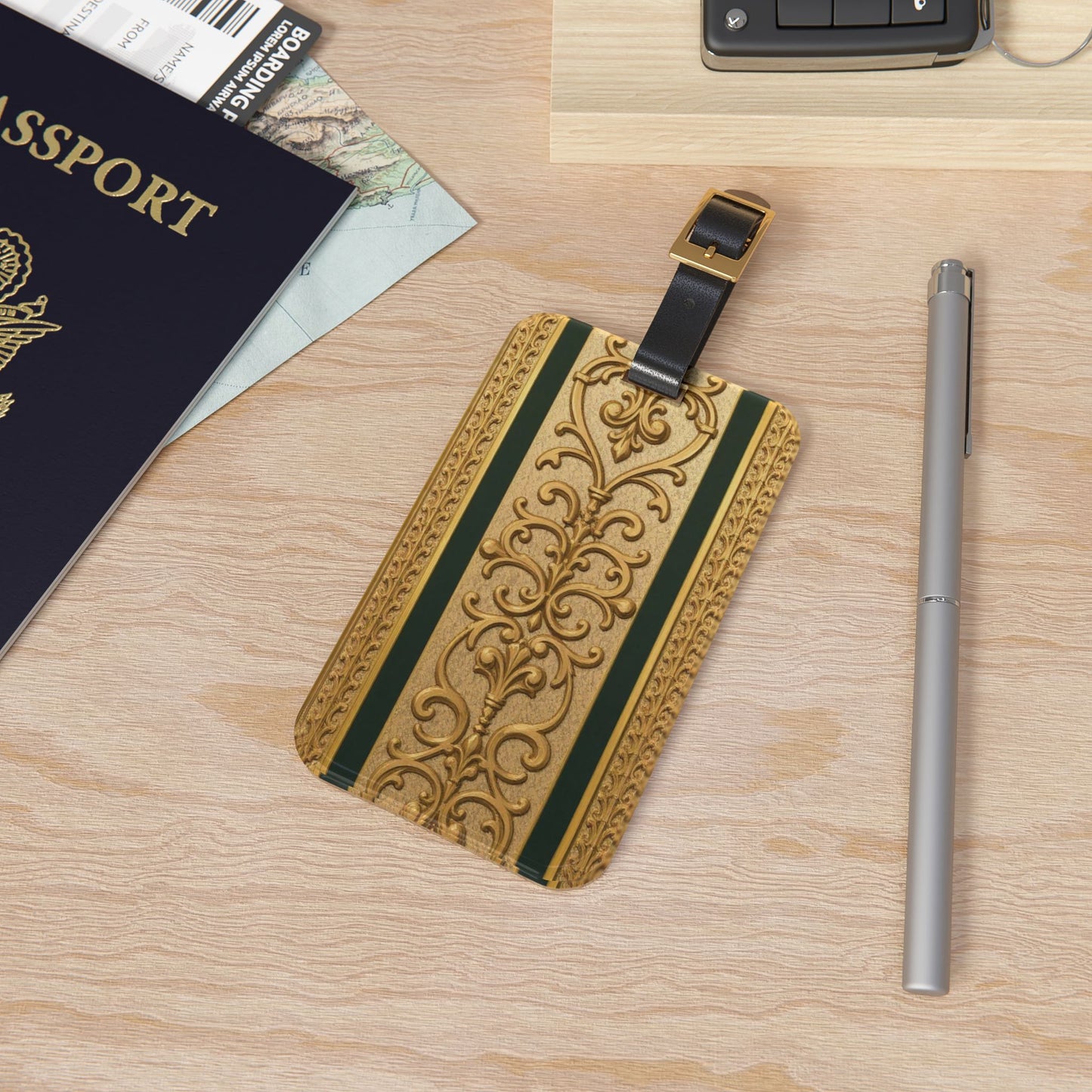 Elegant Teal Striped Gold Baroque Travel Luggage Tag, Vintage Style Bag Identifier, Personalized Baggage Tag for Vacation, Wedding, Holiday Travel