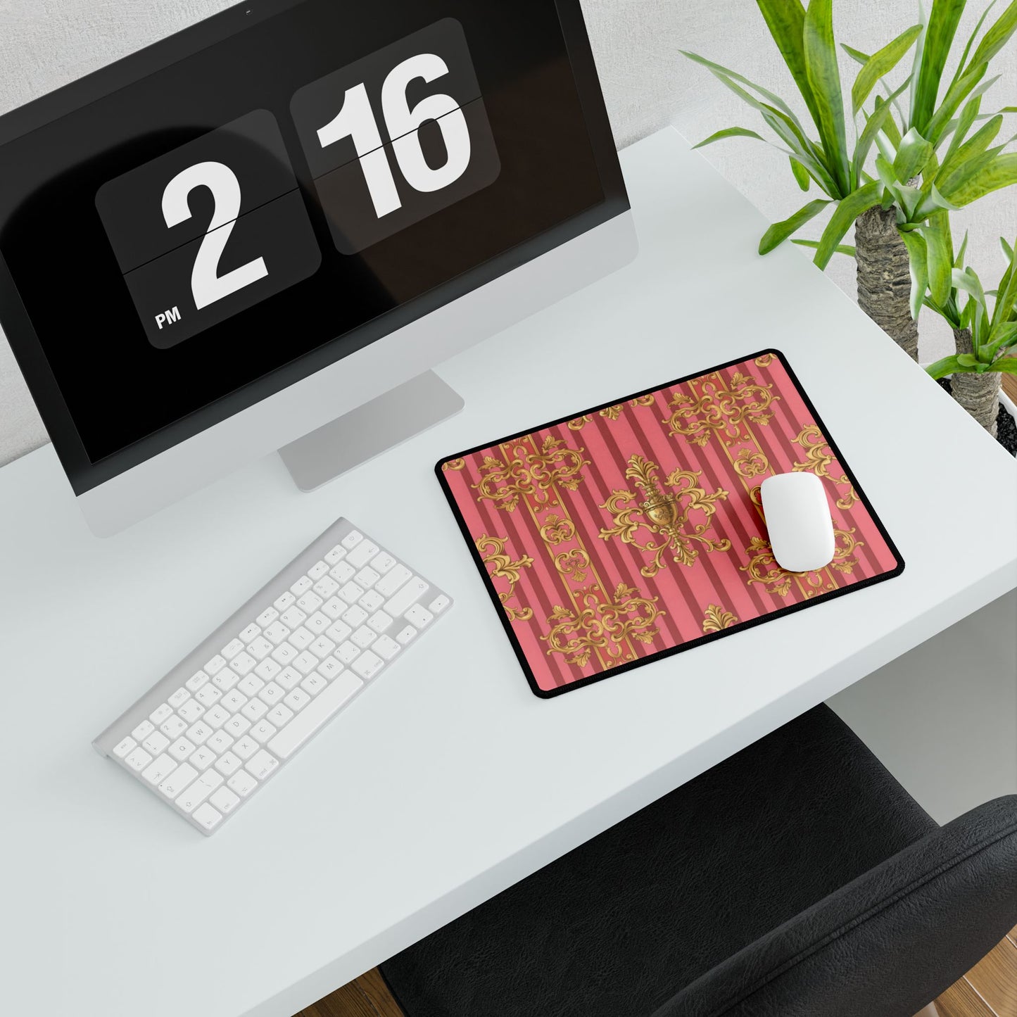 Elegant Desk Mat for Home Office, Stylish Desktop Organizer, Gift for Gamers, Computer Accessories - Pink Striped Gold Baroque
