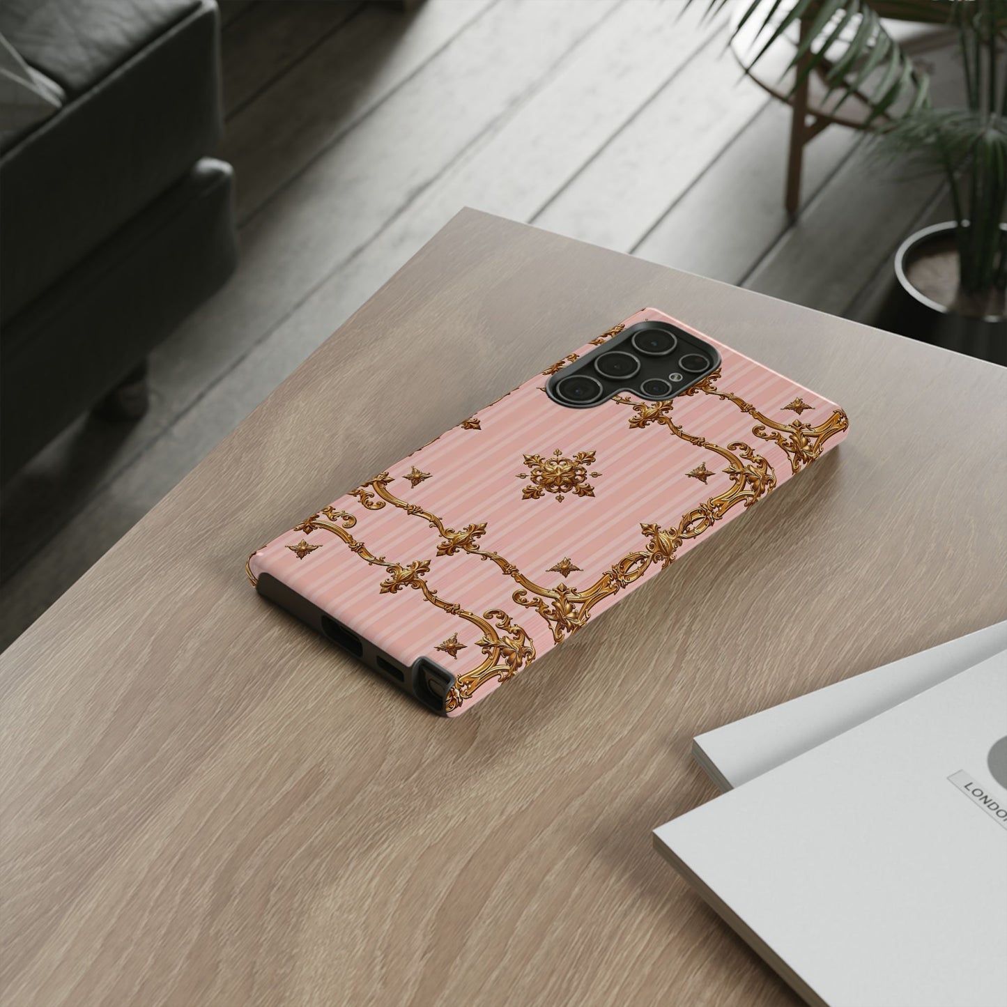 Elegant Floral Phone Case, Tough Cases for Women, Trendy Phone Cover, Chic Gift - Pink Striped Gold Baroque