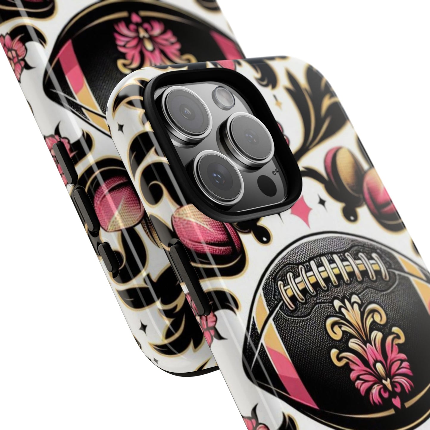 Elegant Floral Motif Phone Case - Tough Cases with Vintage Design - Damask White, Pink Gold & Black Football