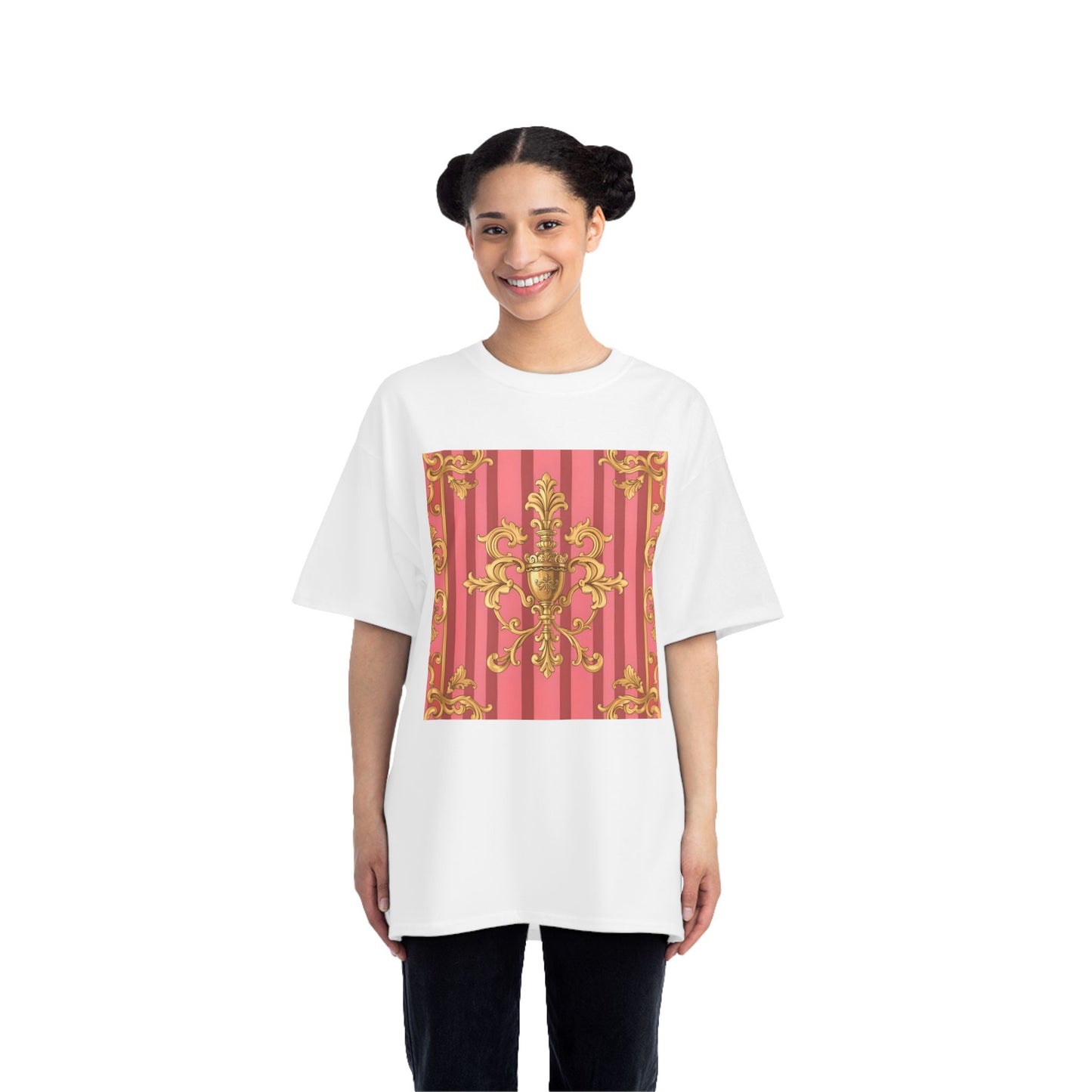 Chic Vintage Style Short-Sleeve T-Shirt - Elegant Baroque Design | Fashion Top, Gift for Her, Casual Wear - Pink Striped Gold Baroque