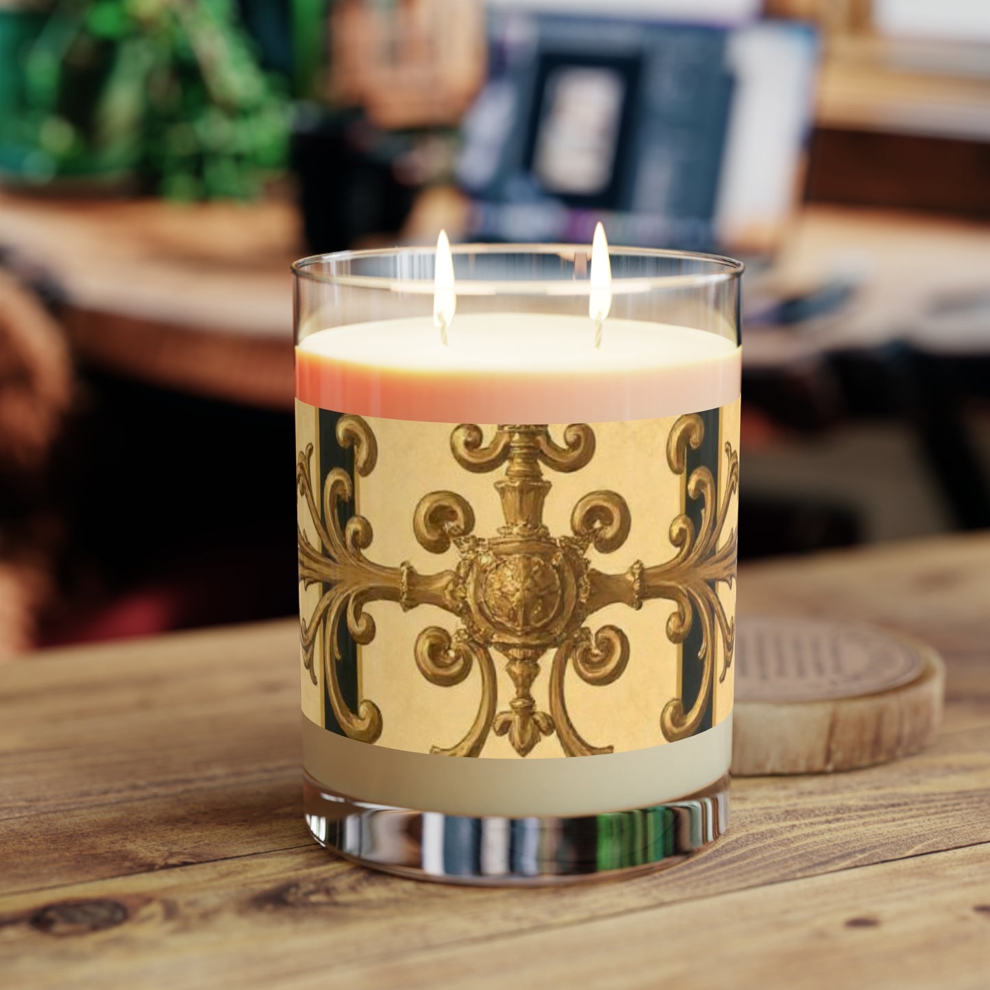 Elegant Gold Foil Scented Candle, Decorative Aromatherapy Gift, Home Décor Candle, Luxe Candle for Relaxation - Matte Yellow Striped Antique Rococo