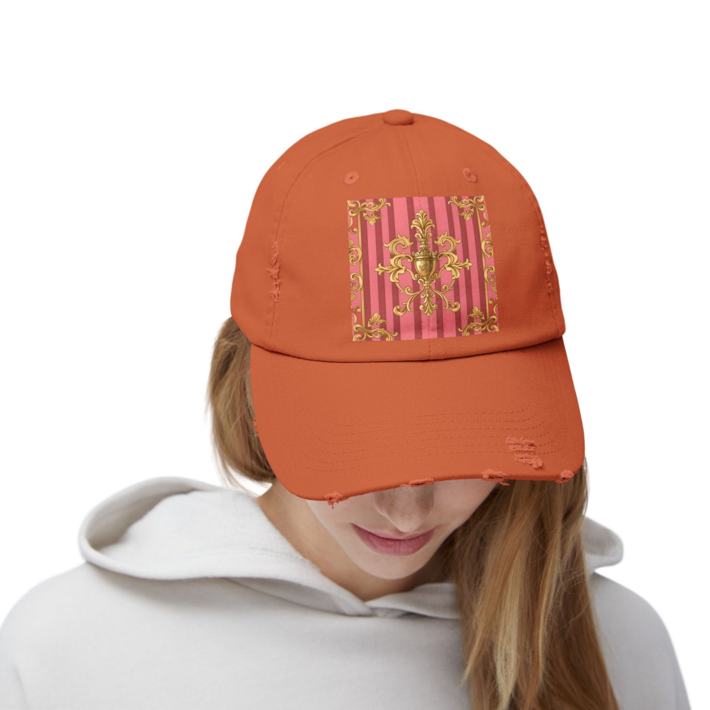 Chic Distressed Unisex Cap - Trendy Accessories for Style Lovers, Everyday Wear, Fashion Statement, Birthday Gift - Pink Striped Gold Baroque
