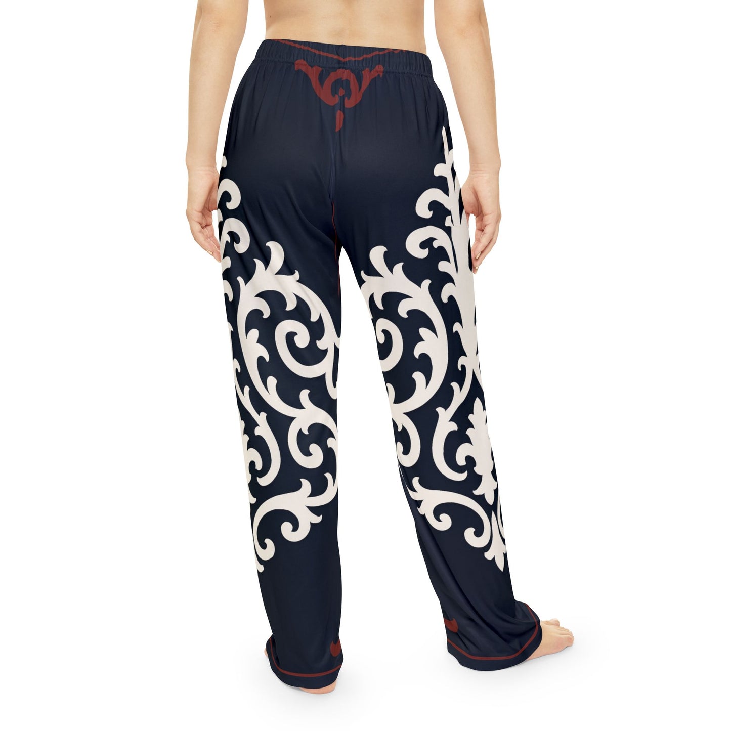 Dusk Blue & Maroon-White Baroque Women's Pajama Pants — Elegant Baroque Lounge Trousers