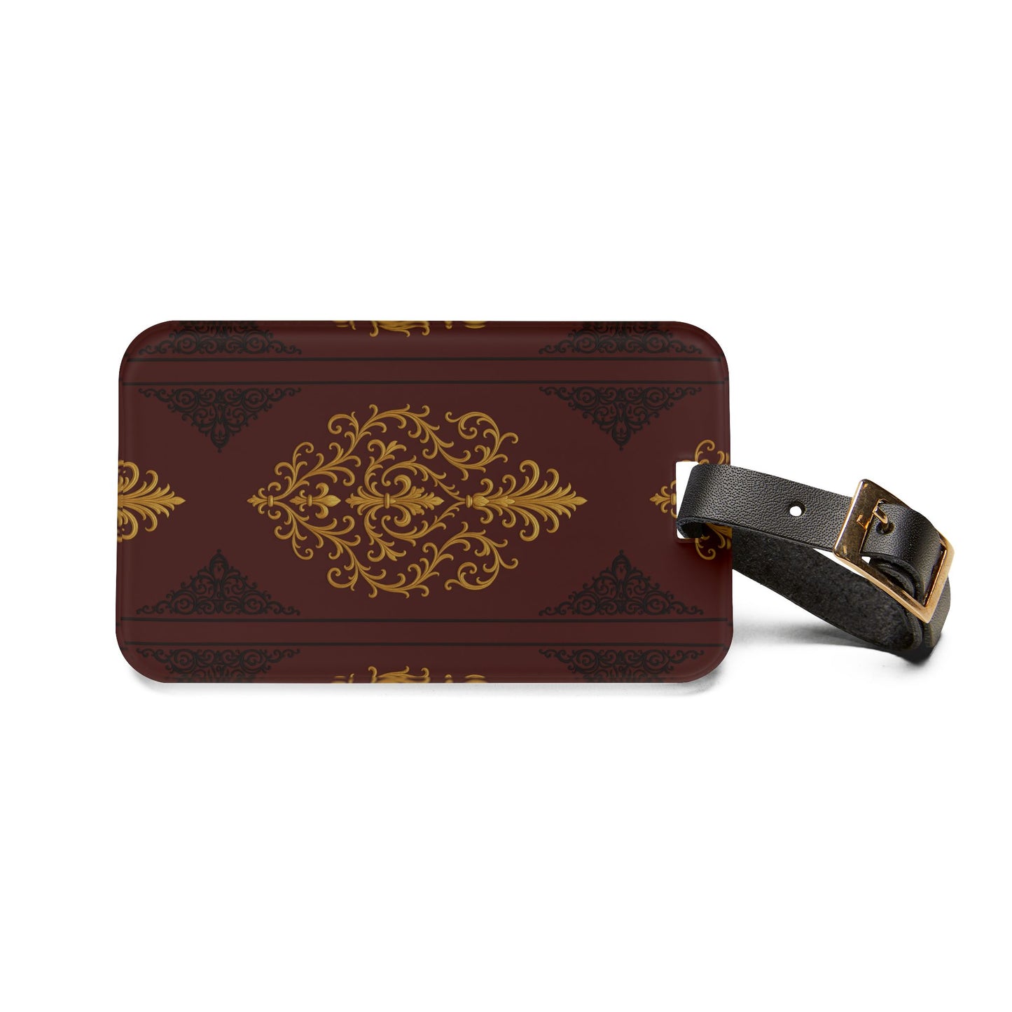 Dusk Burgundy-Black & Gold Baroque Vintage Luggage Tag — Elegant Gold on Burgundy Travel ID