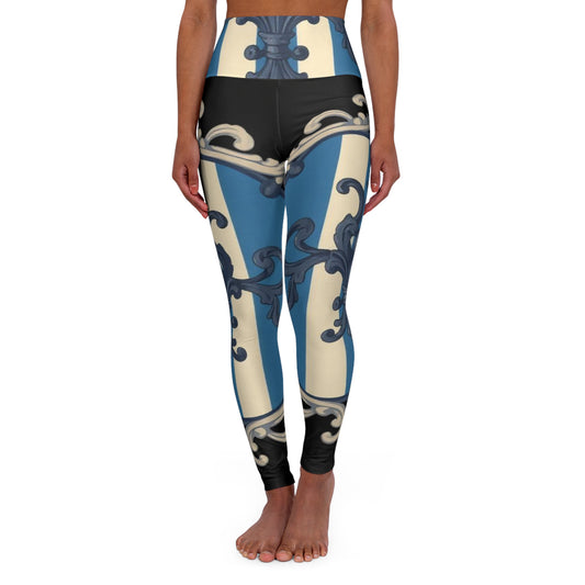 Chic Blue & Alabaster Striped Baroque High Waisted Yoga Leggings, Stylish Workout Gear, Activewear, Fitness Fashion, Comfortable Leggings