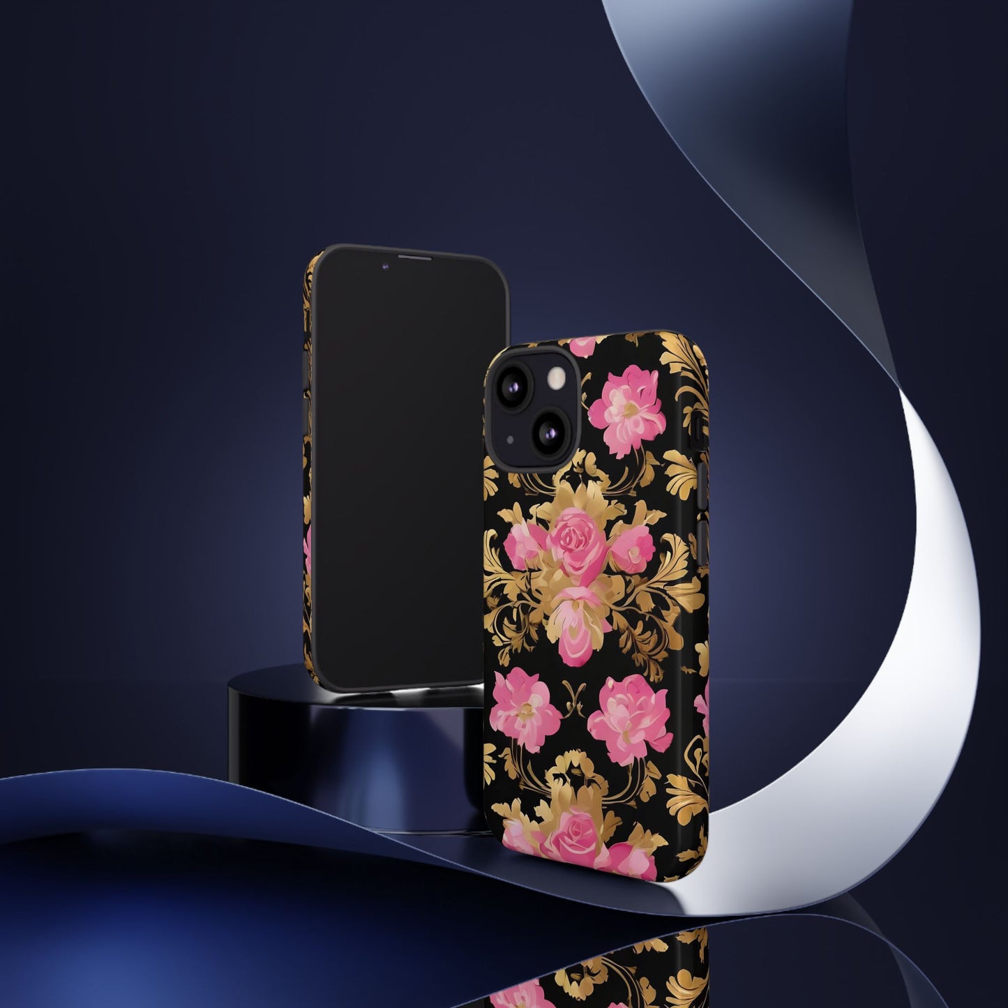 Elegant Floral Motif Phone Case - Tough Cases with Vintage Design - Pink & Gold Roses