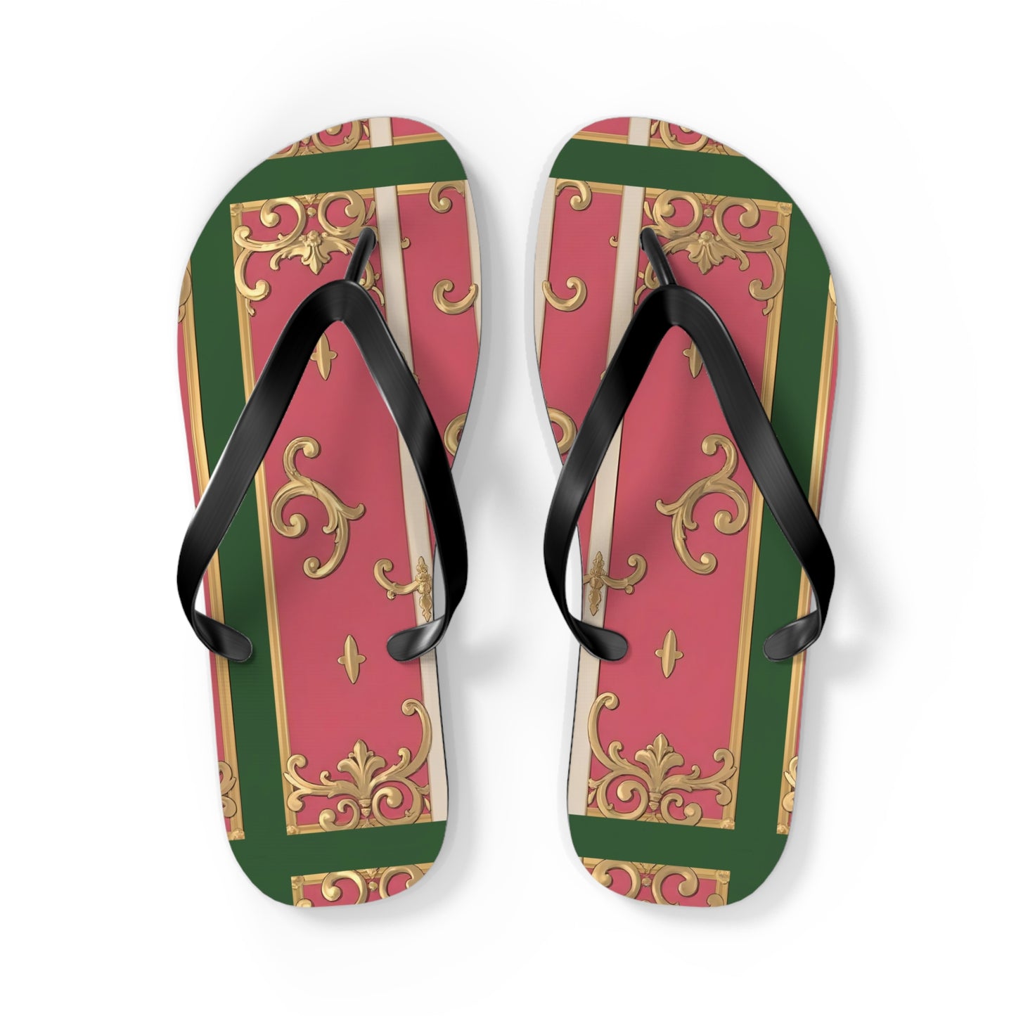 Elegant Green Border Pink Striped Baroque Flip Flops, Summer Footwear, Vacation Sandals, Beach Accessories, Stylish Thong Slippers