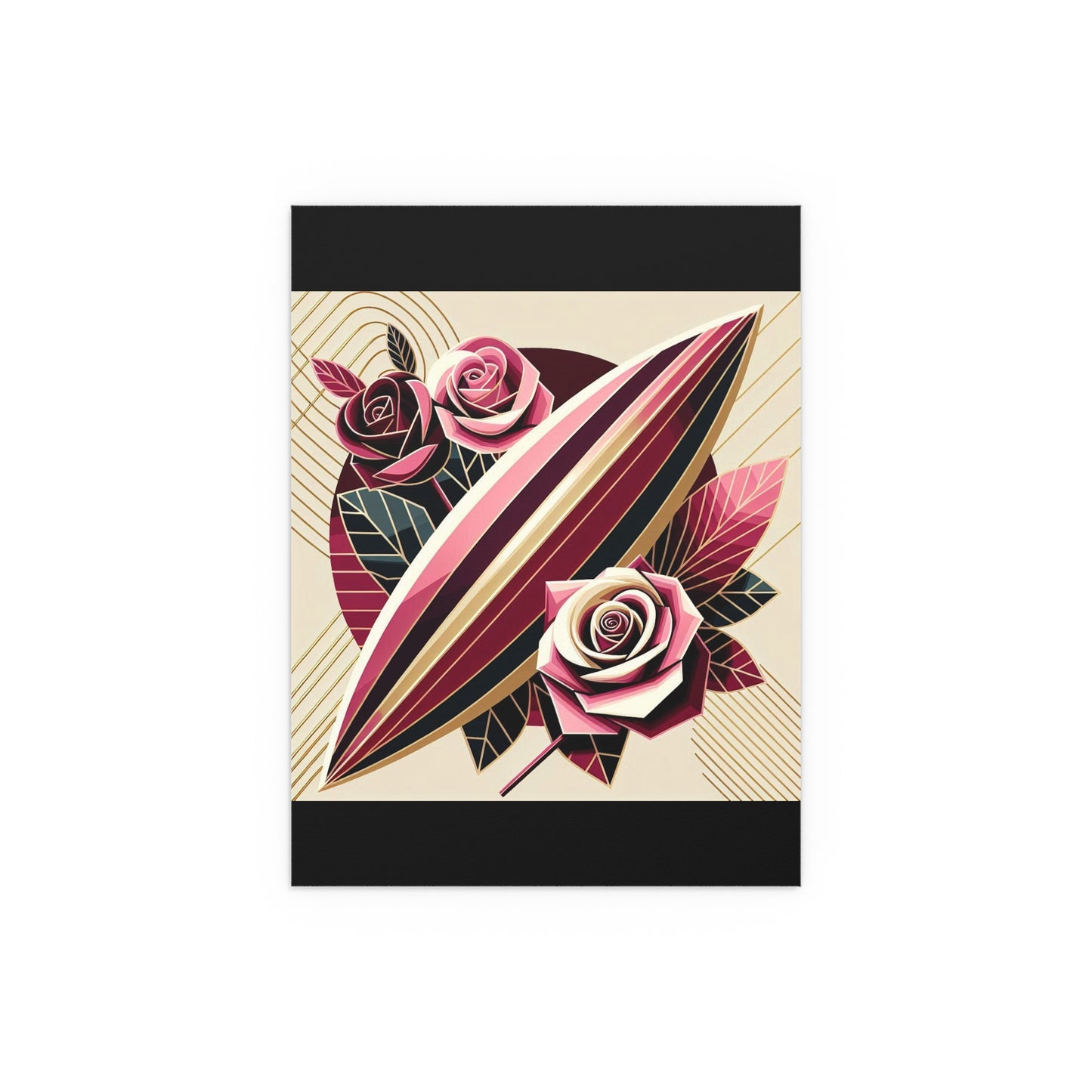 Elegant Floral Silk Poster - Indoor/Outdoor Wall Art for Home Decor - Pink & Burgundy Striped Surfboard & Roses