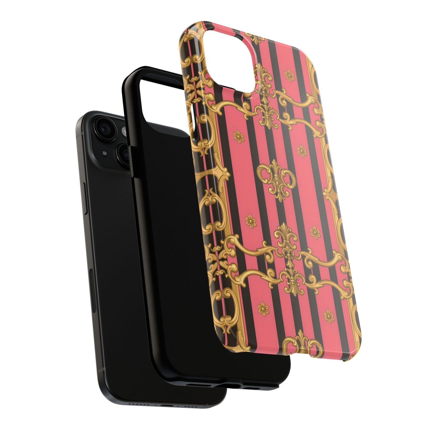 Elegant Baroque Tough Phone Cases, Stylish Protection, Gift for Her, Trendy Accessory - Pink & Black Striped Gold Baroque