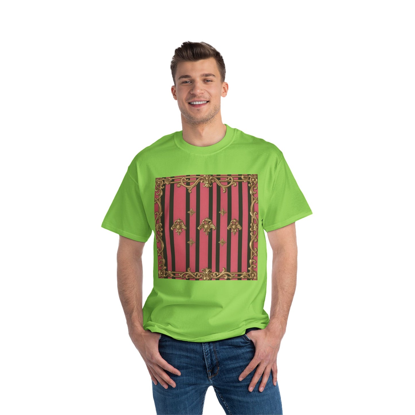 Elegant Baroque Short-Sleeve T-Shirt - Artistic Fashion, Graphics Tee, Unique Gift, Stylish Apparel, Casual Wear - Pink Striped Gold Rococo