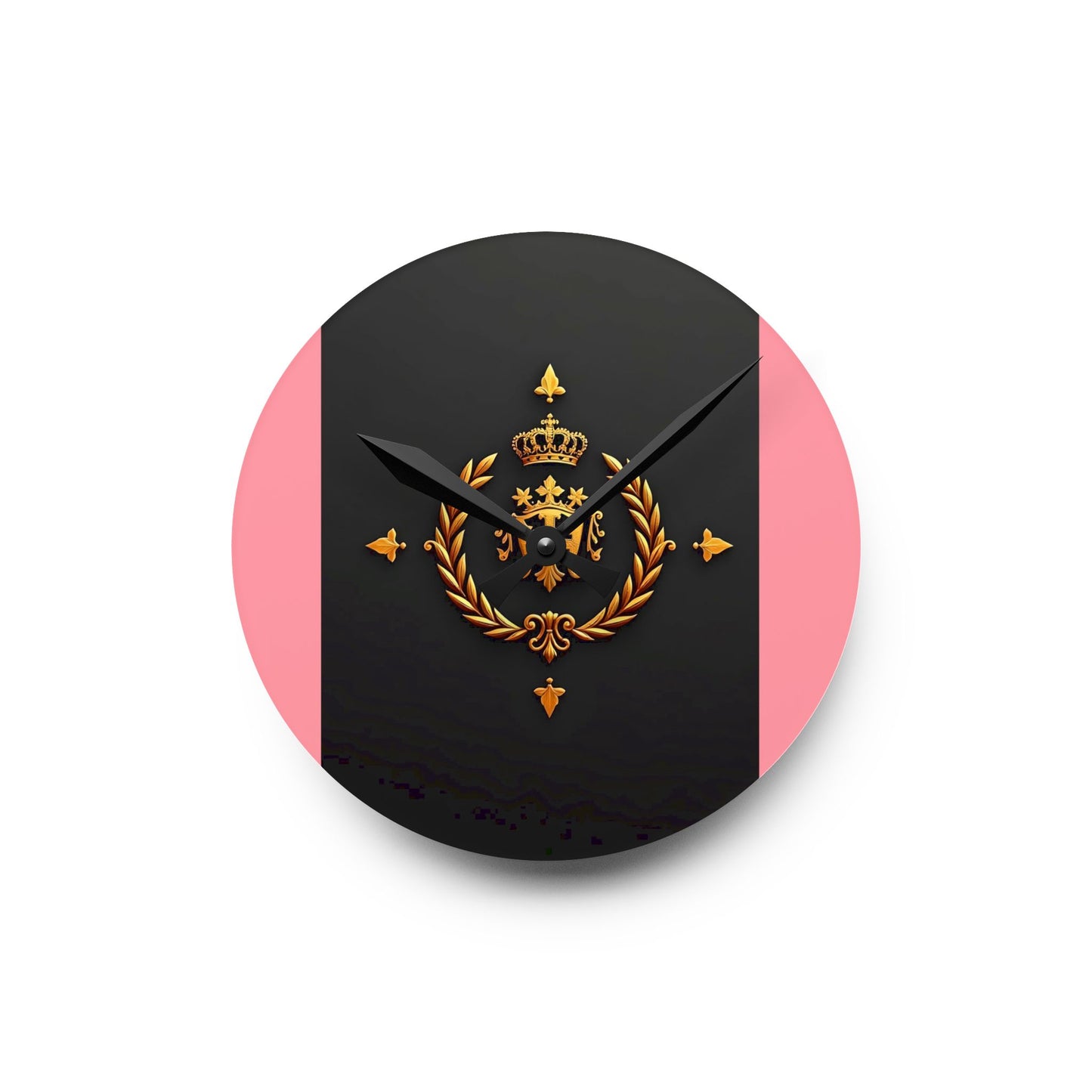 Royal Emblem Acrylic Wall Clock | Elegant Home Decor, Modern Wall Art, Gift for Her, Office Decor, Unique Timepiece - Pink Striped Gold Crest