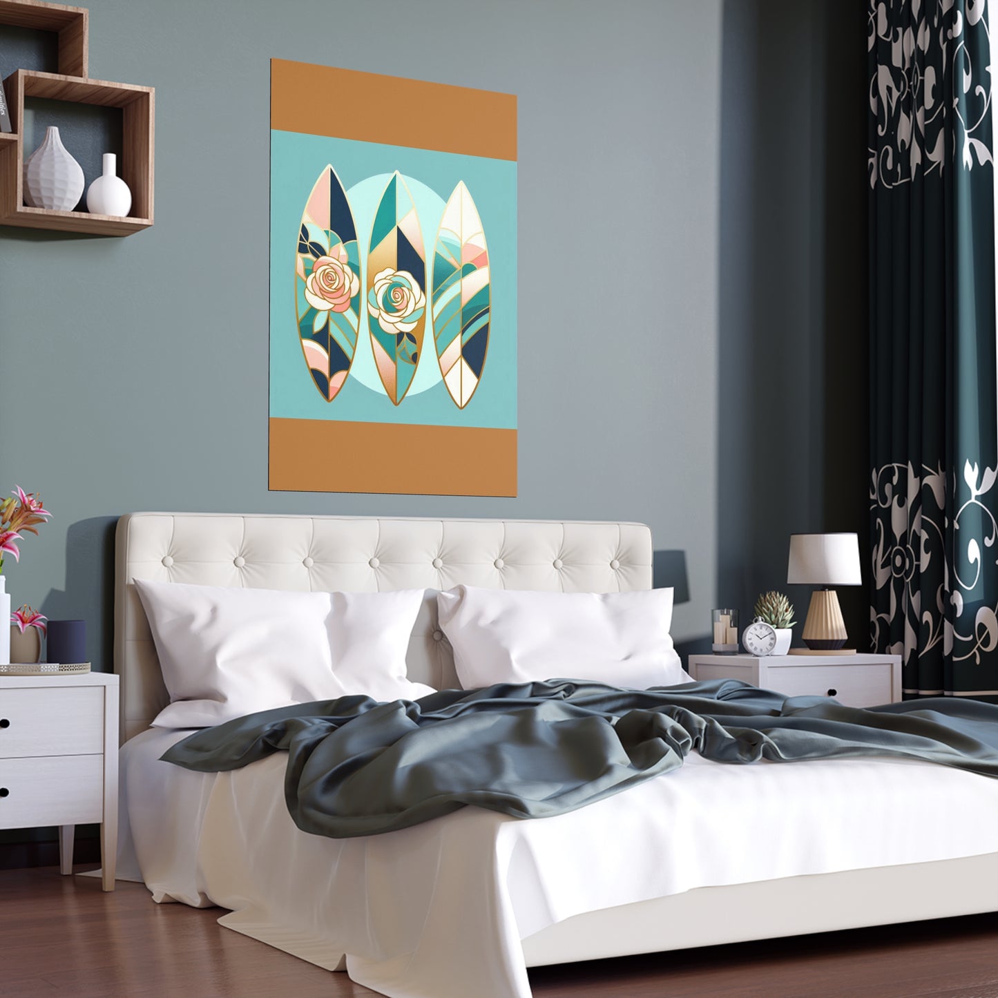 Elegant Floral Silk Poster - Indoor/Outdoor Wall Art for Home Decor - Blue, Pink & Aqua Surfboard & Roses