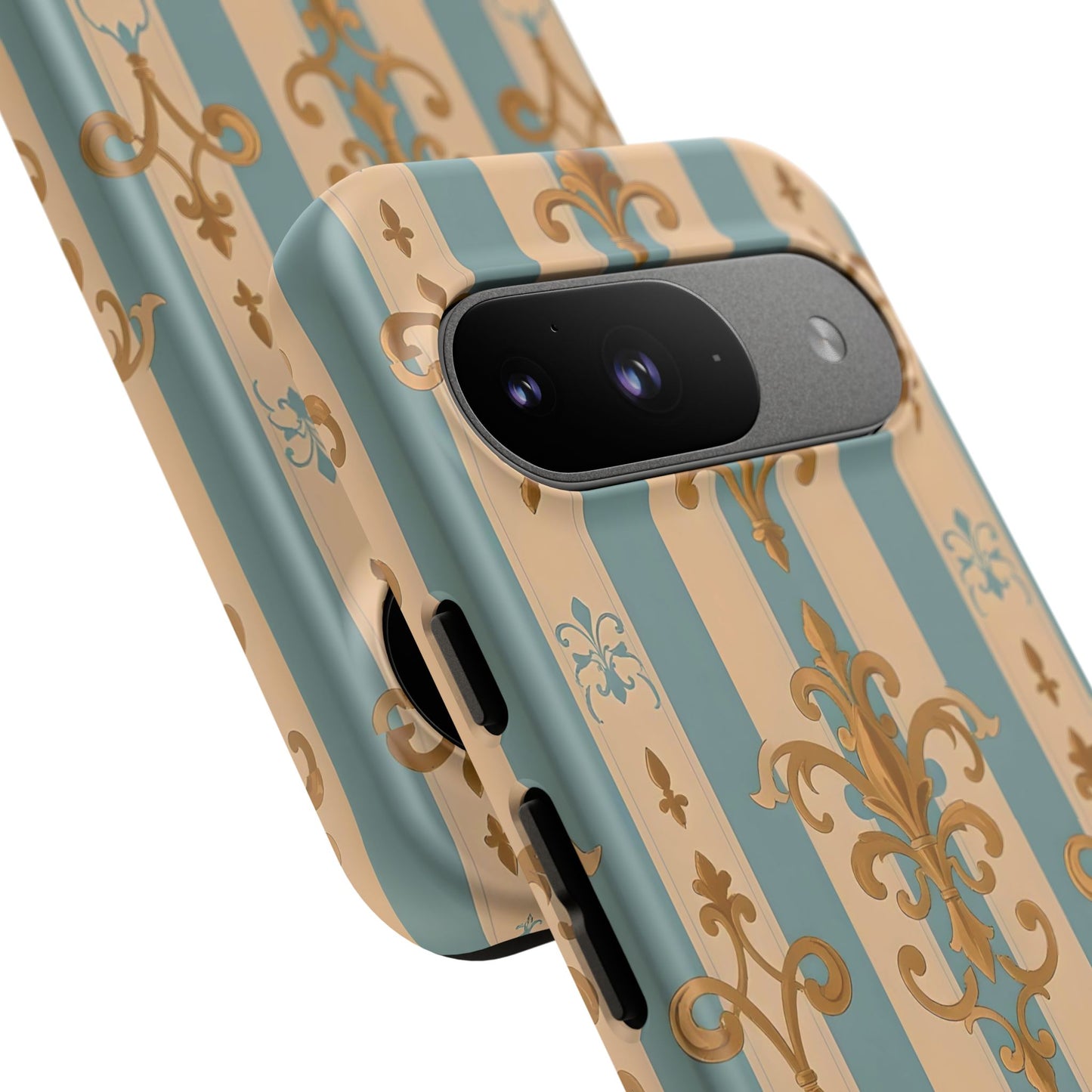 Elegant Floral Motif Phone Case - Tough Cases with Vintage Design -  Beige & Sky Blue Striped Gold Damask