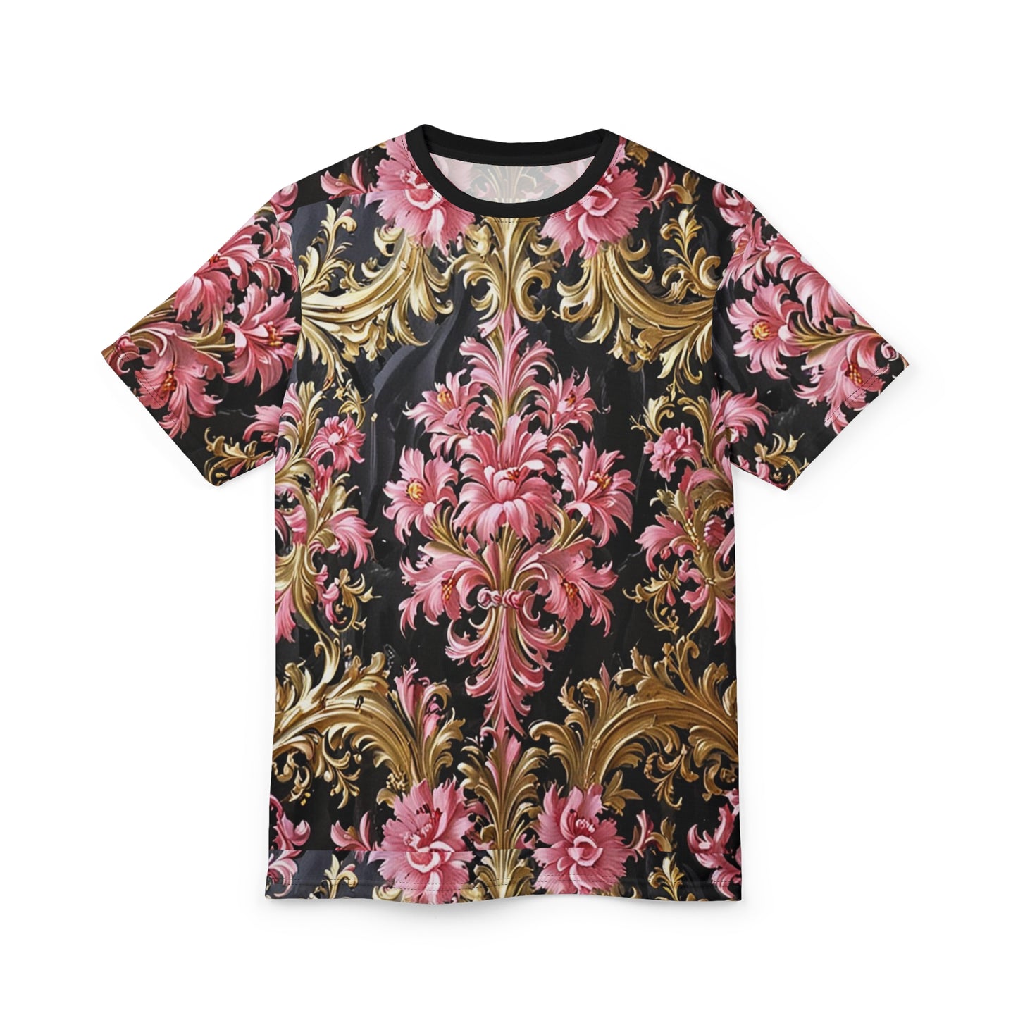 Elegant Floral Unisex Tee, Vintage Style Shirt, AOP Print, Everyday Wear, Unique Gift, Fashion Statement - Black & Pink Oil Painting Style Rococo