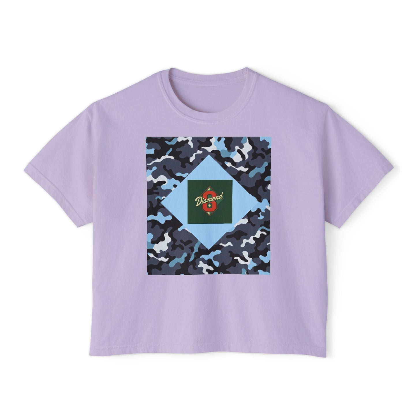 Camouflage Women's Boxy Tee, Casual Outfit, Relaxed Style Tee, Everyday Wear, Gift for Her, Comfortable Top - Blue Camo Diamond 8