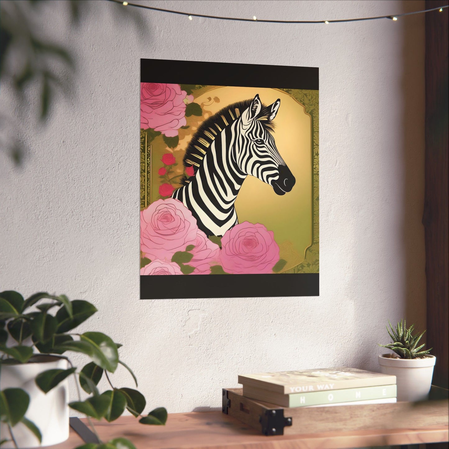 Floral Art Poster - Elegant Matte Vertical Wall Decor - Zebra With Roses In Pink & Olive