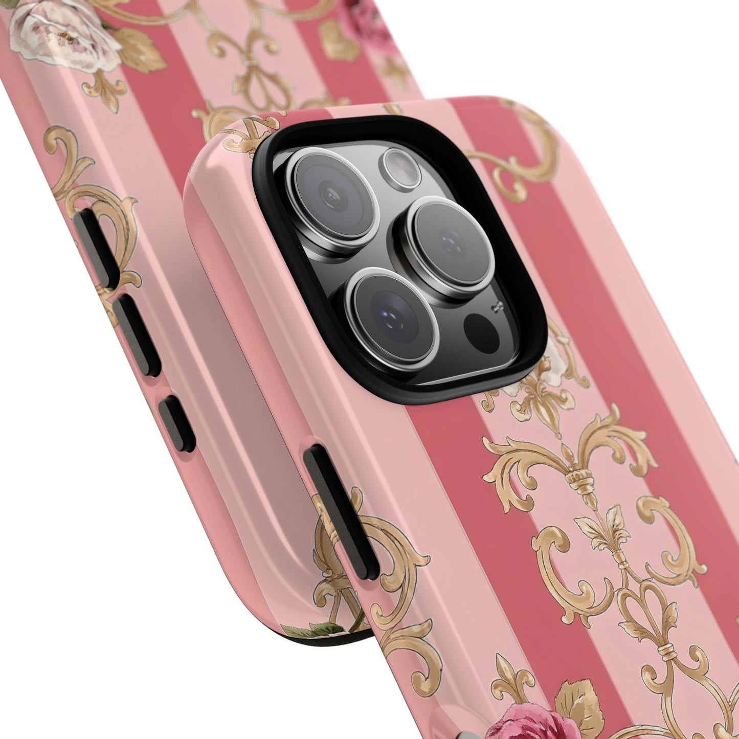 Elegant Floral Motif Phone Case - Tough Cases with Vintage Design - Pink Striped Roses & Damask