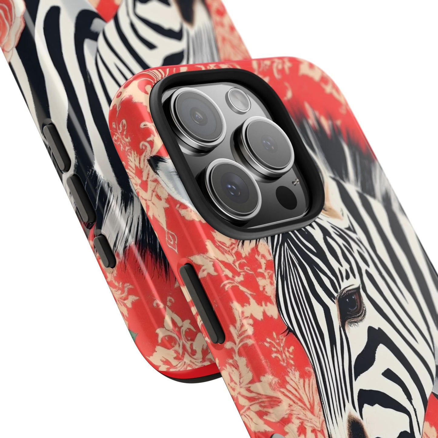 Zebra Tough Phone Case - Trendy Floral Design for Animal Lovers - Zebra With Coral Roses & Damask