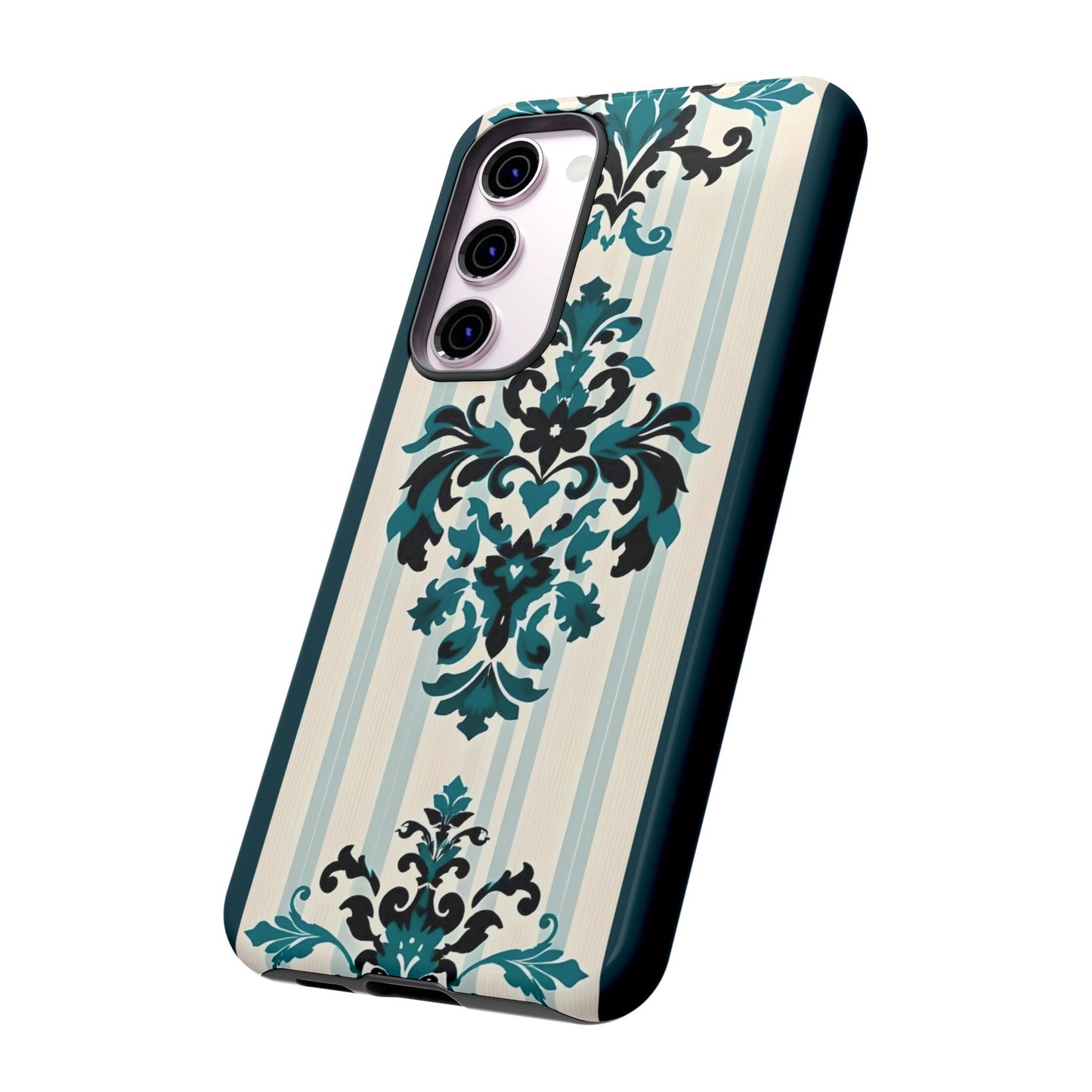 Elegant Floral Phone Case - Tough Cases with Vintage Design - Teal Striped Damask