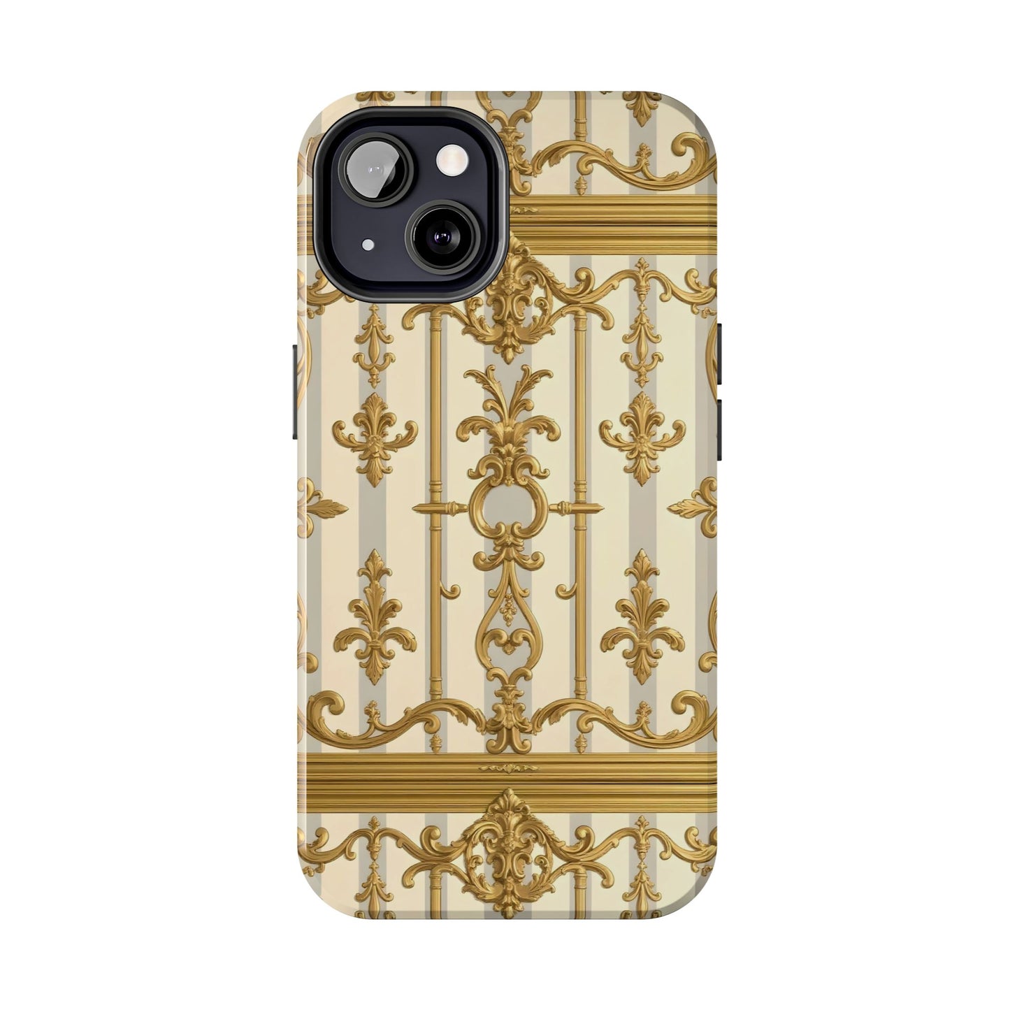 Elegant Gold Pattern Tough Phone Cases | Stylish Phone Covers, Trendy Cell Phone Accessories - Matte Gray & Cream Striped Gold Baroque
