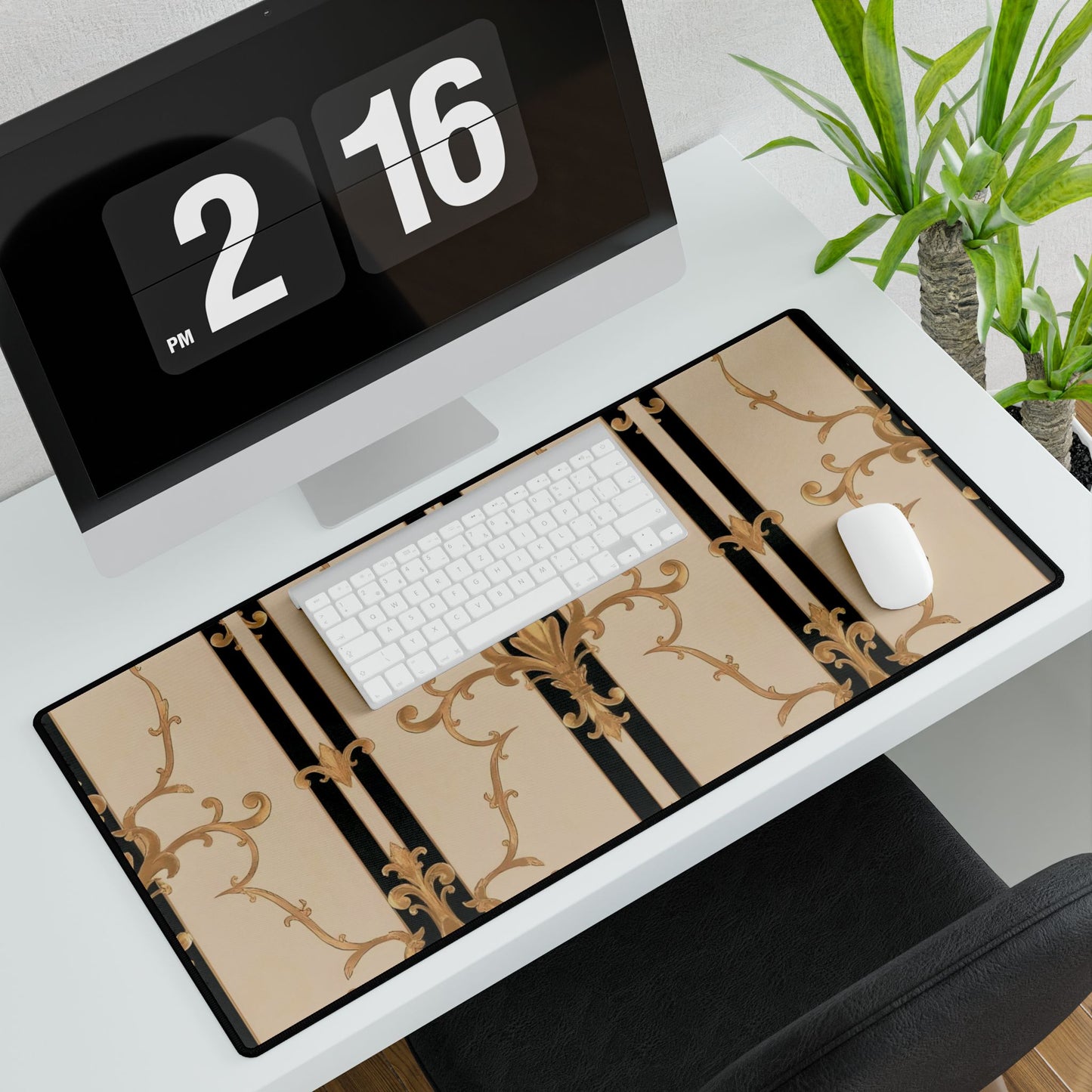 Stylish Desk Mats for Home Office, Elegant Workspace Decor, Desk Accessories for Gamers and Professionals - Black & Beige Striped Damask