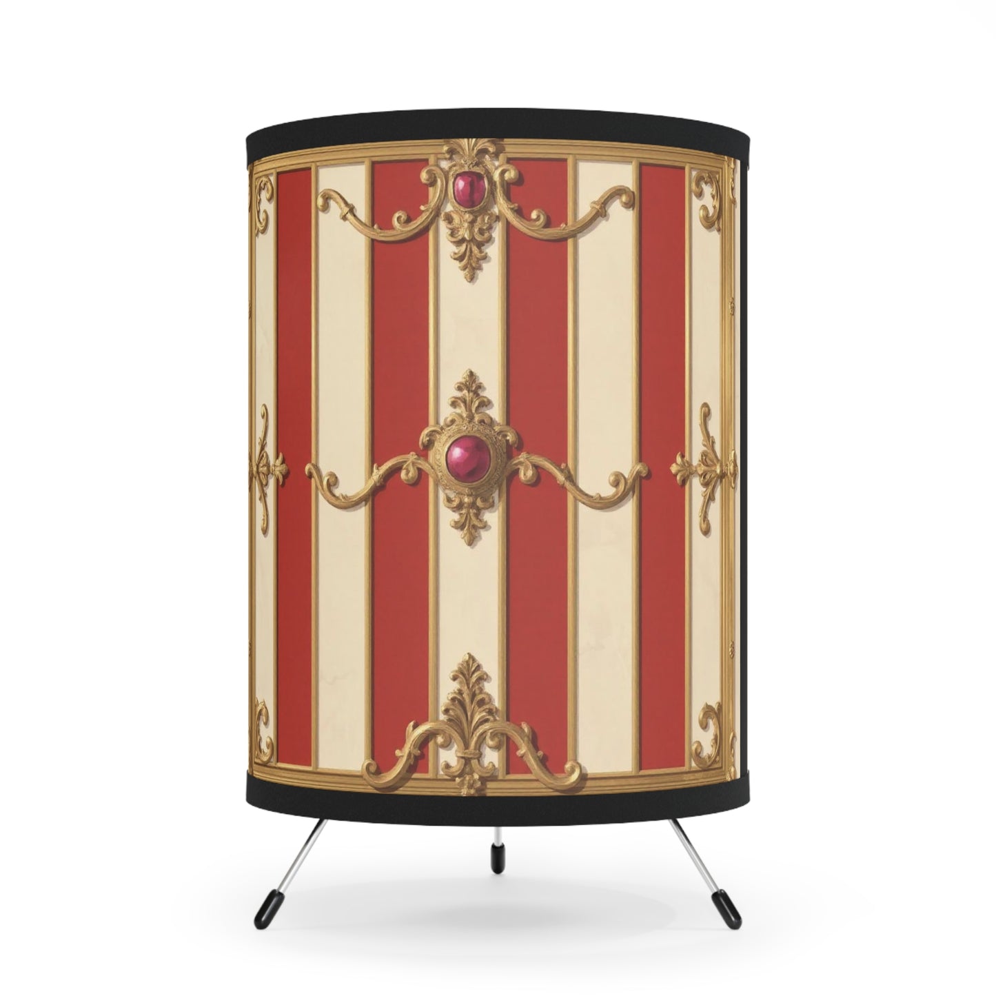 Vintage-Inspired Tripod Lamp with Elegant High-Res Print Shade - Alabaster & Dusk Orange Striped Baroque