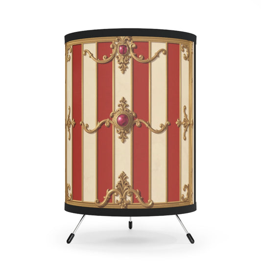 Vintage-Inspired Tripod Lamp with Elegant High-Res Print Shade - Alabaster & Dusk Orange Striped Baroque