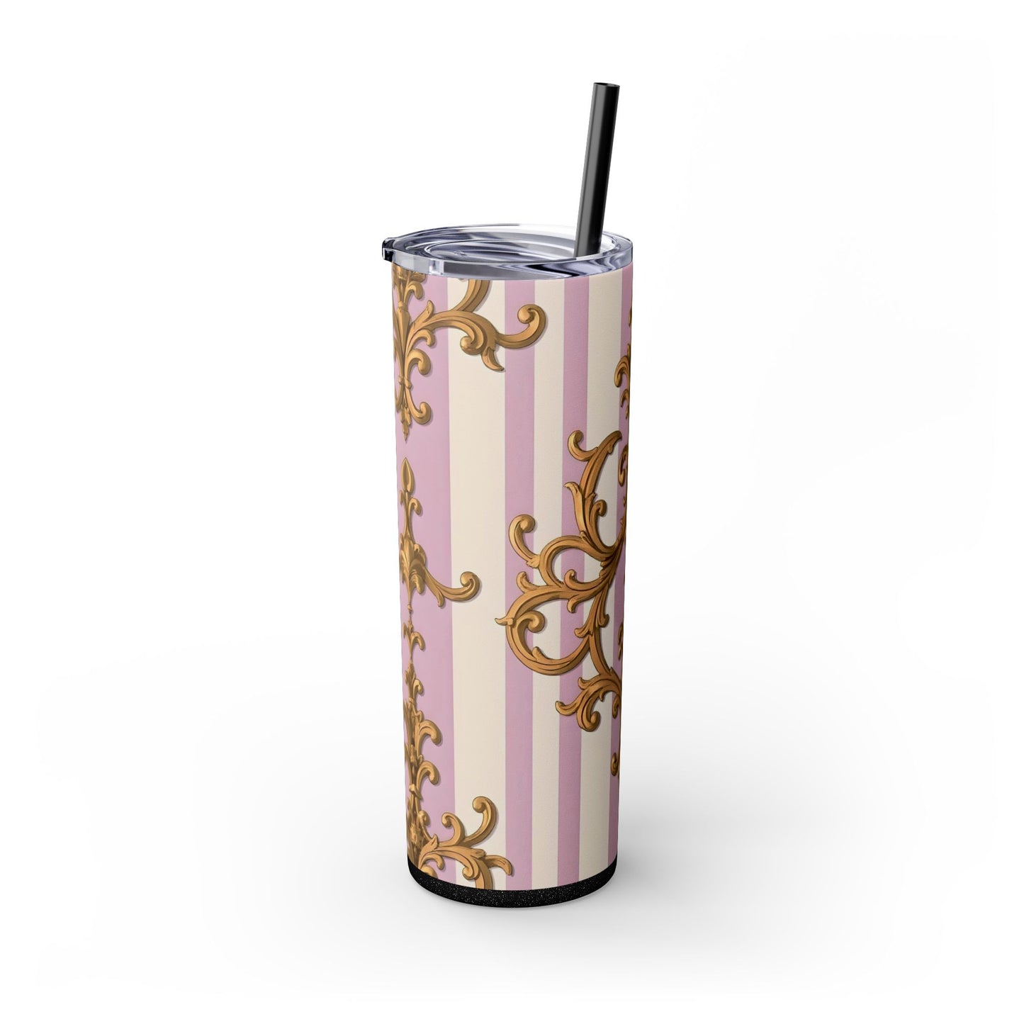 Elegant Pink Tumbler, Gold Patterned Travel Cup, Insulated Drink Holder, Stylish Coffee Tumbler - Lilac & Alabaster Striped Gold Baroque